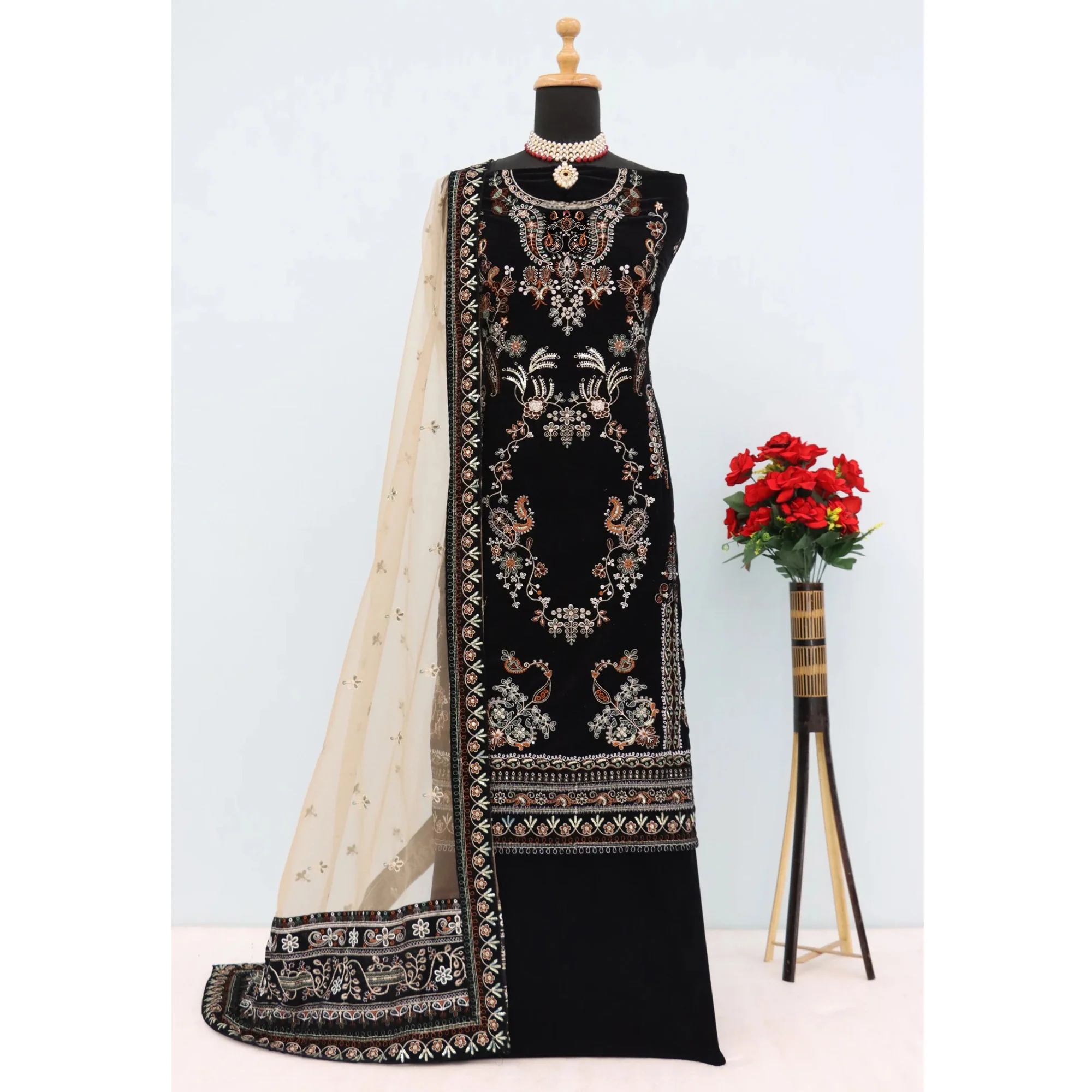 Black Velvet Dress Material Adorned with Sequins & Thread Embroidery - Image 4