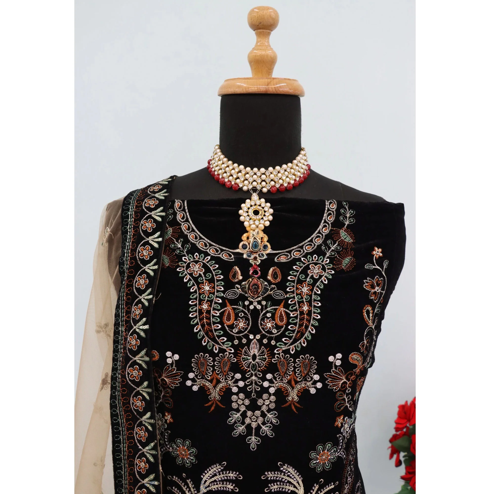 Black Velvet Dress Material Adorned with Sequins & Thread Embroidery - Image 5