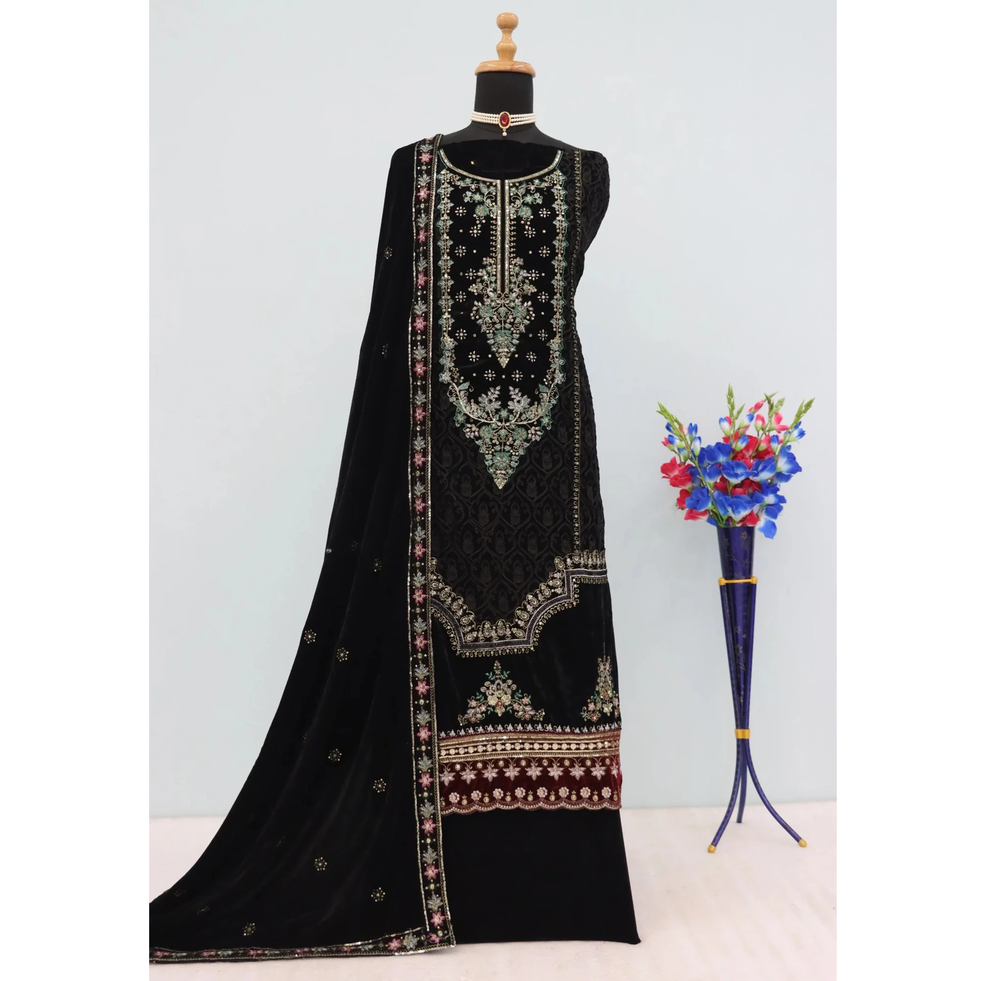 Black Velvet Dress Material Adorned with Sequins & Thread Embroidery - Image 4