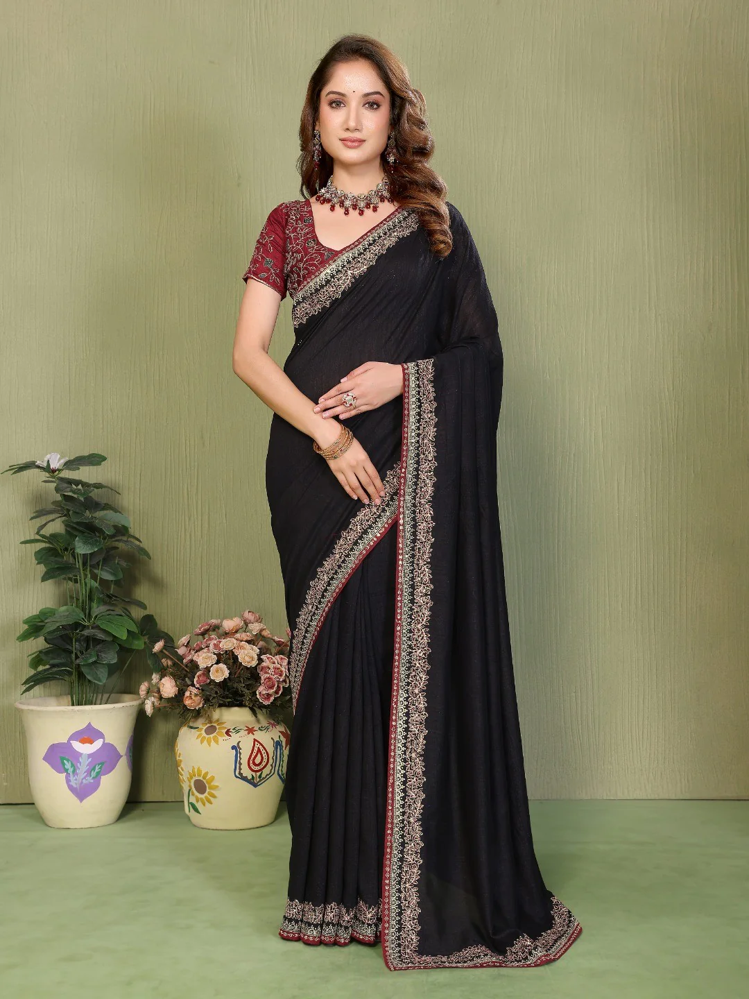 Black Vichitra Silk Party Wear Saree Featuring Detailed Stone Work and Rich Elegant Finish