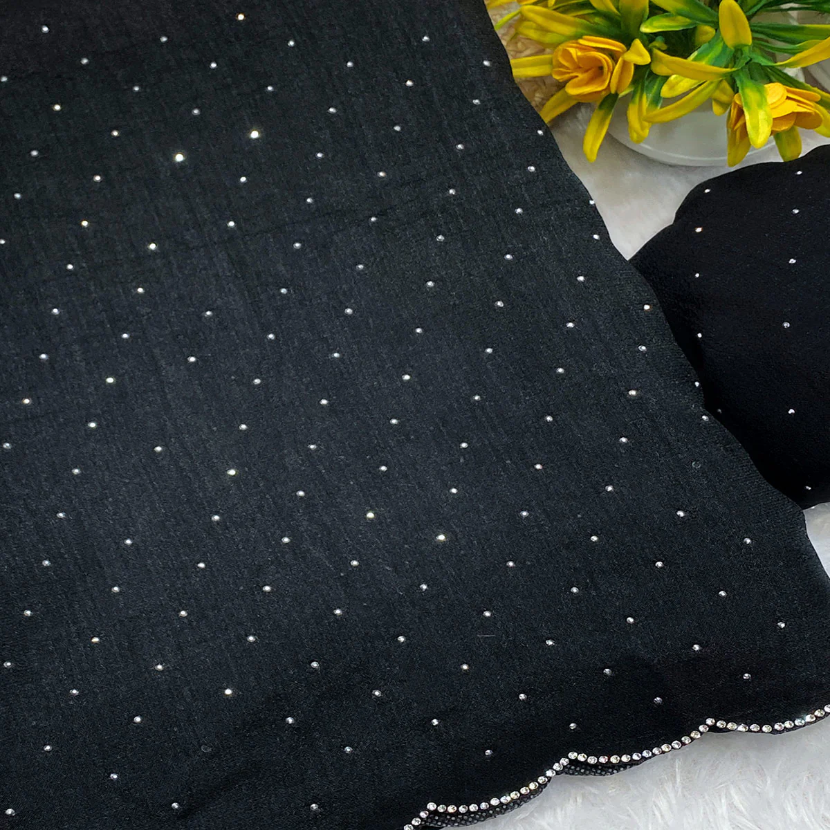 Black Vichitra Silk Saree Accented with Stone Embellishments - Image 2