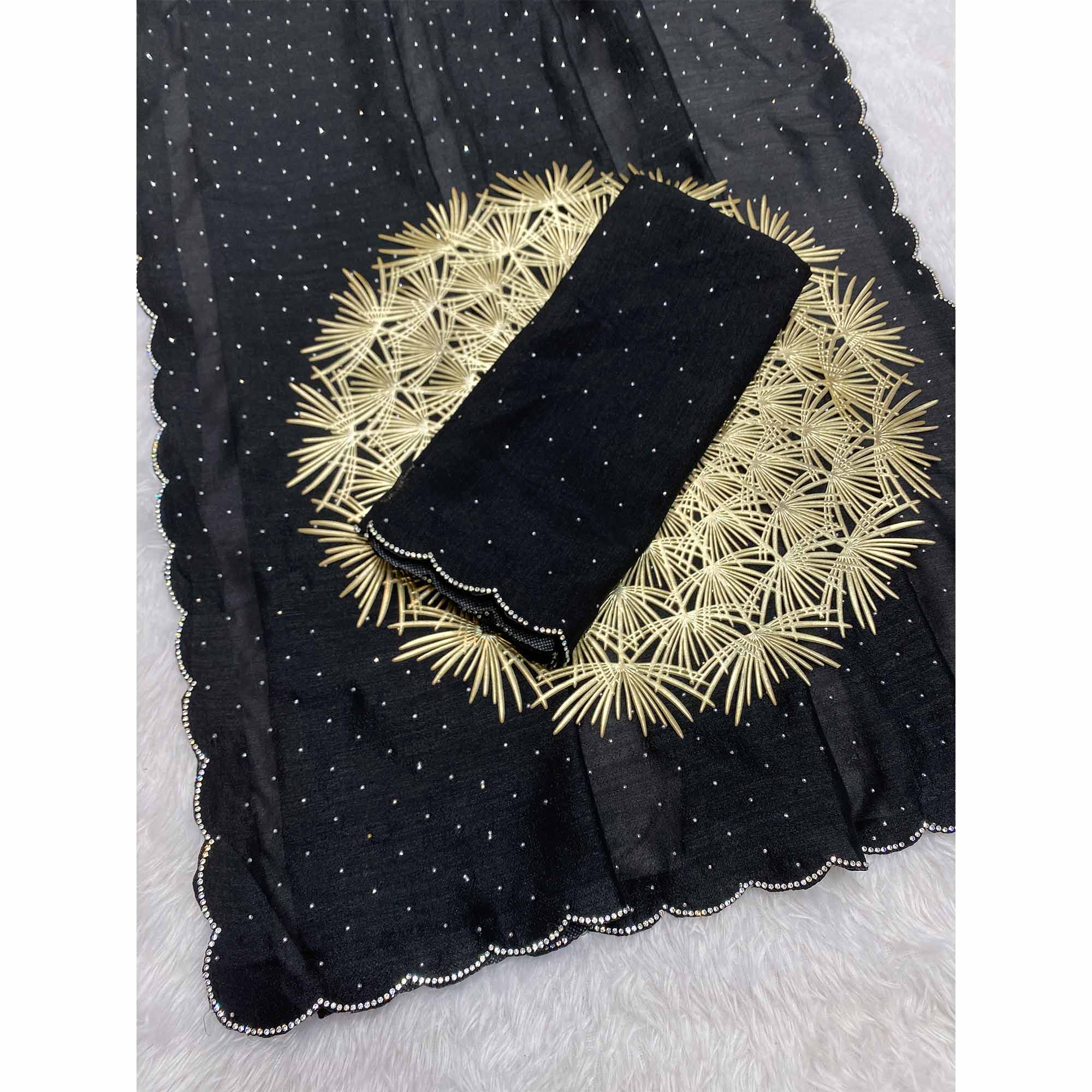 Black Vichitra Silk Saree Accented with Stone Embellishments - Image 3