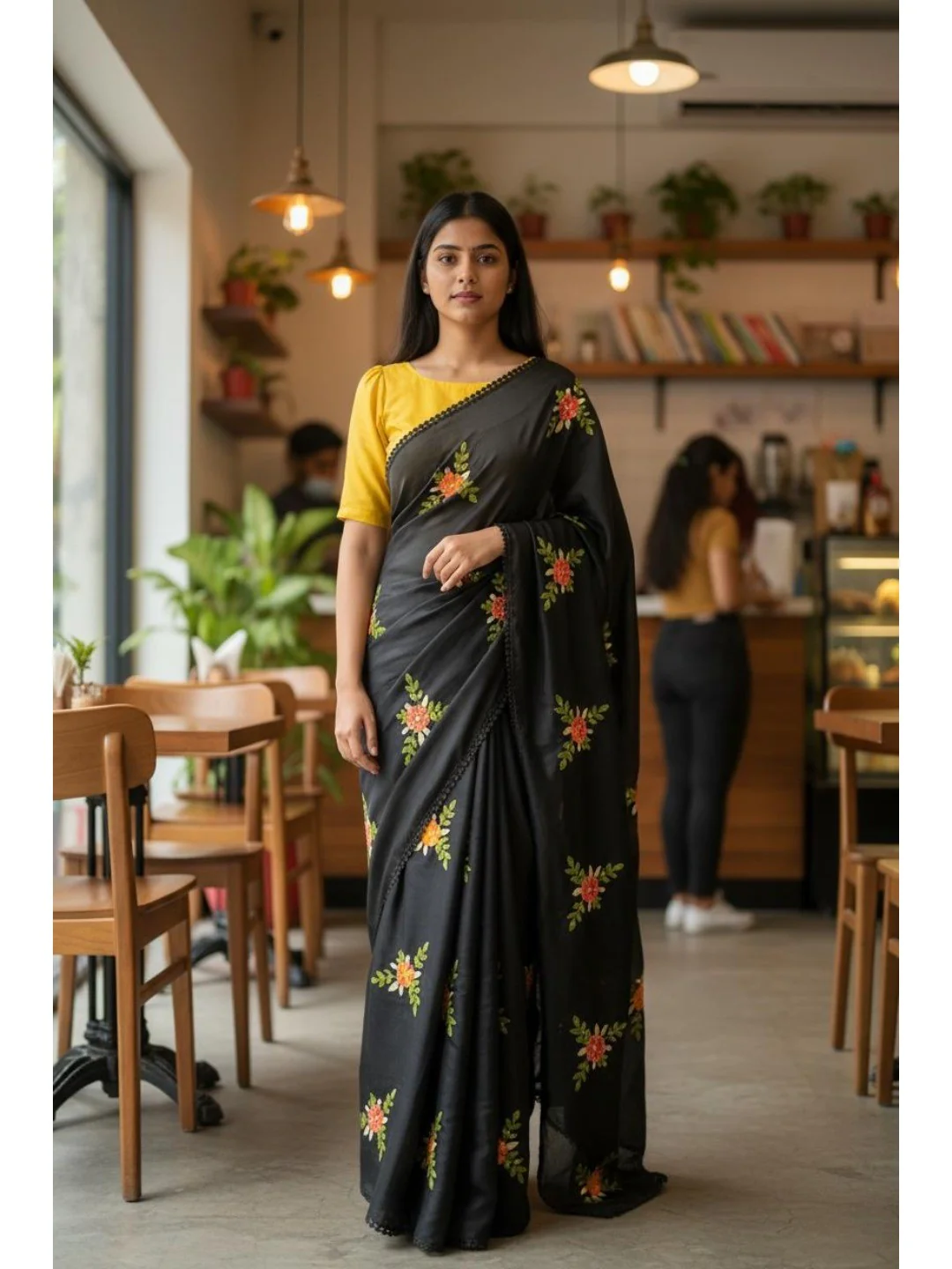 Black Viscose Saree with Floral Embroidery and Mustard Blouse
