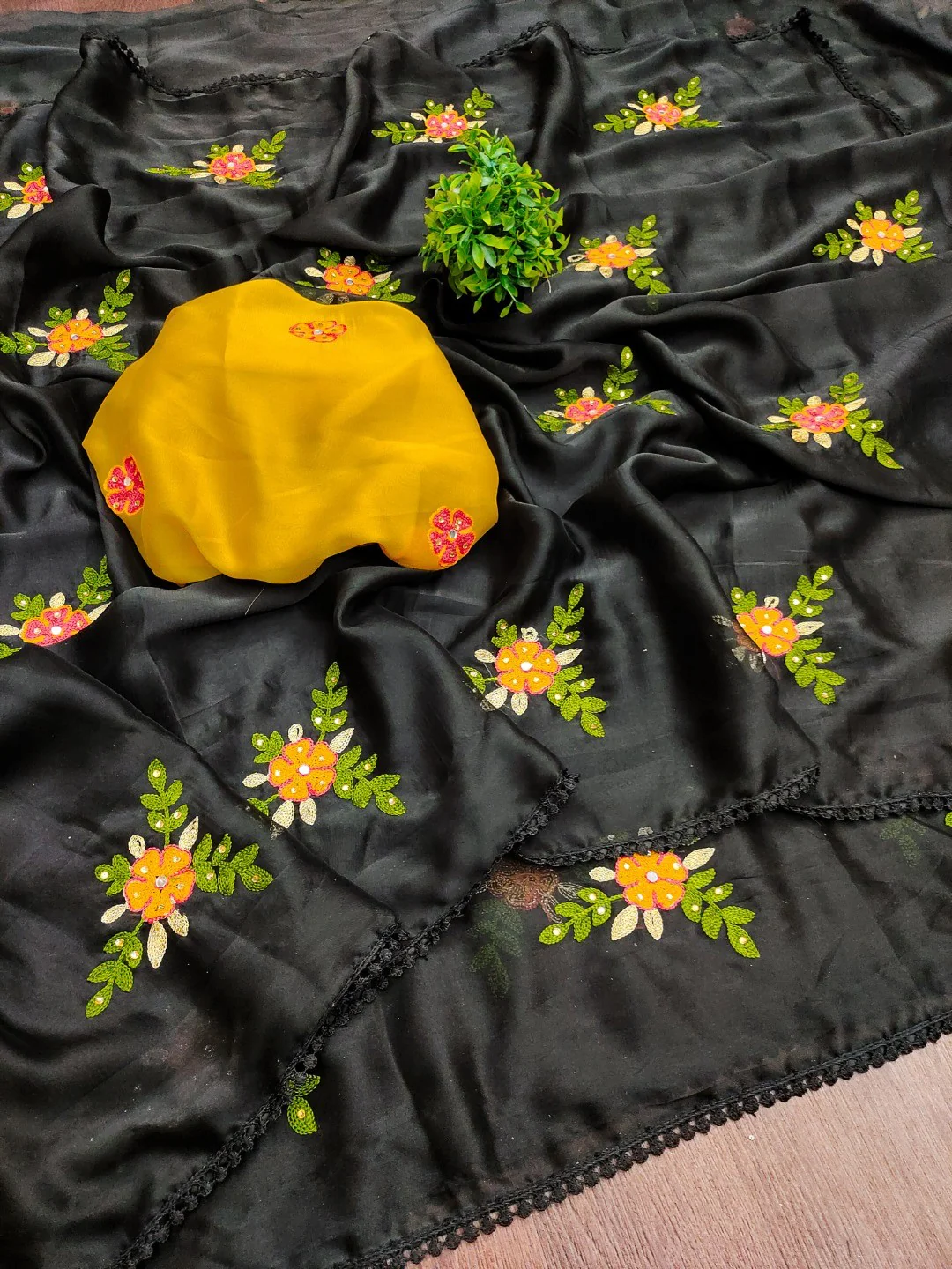 Black Viscose Saree with Floral Embroidery and Mustard Blouse - Image 3