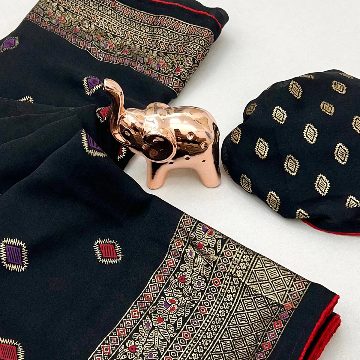 Black Viscose Saree with Foil Geometric Prints - Image 2