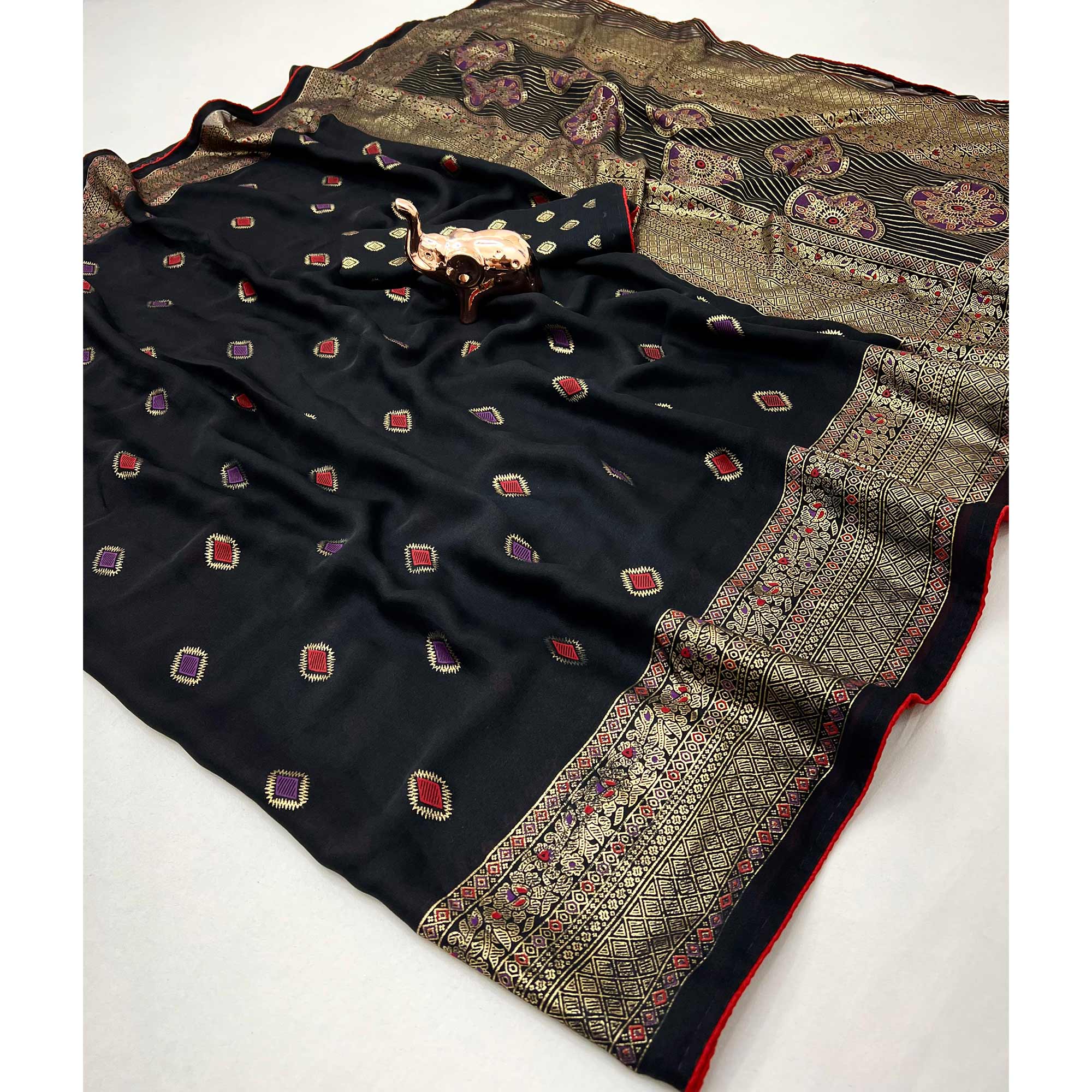 Black Viscose Saree with Foil Geometric Prints - Image 3