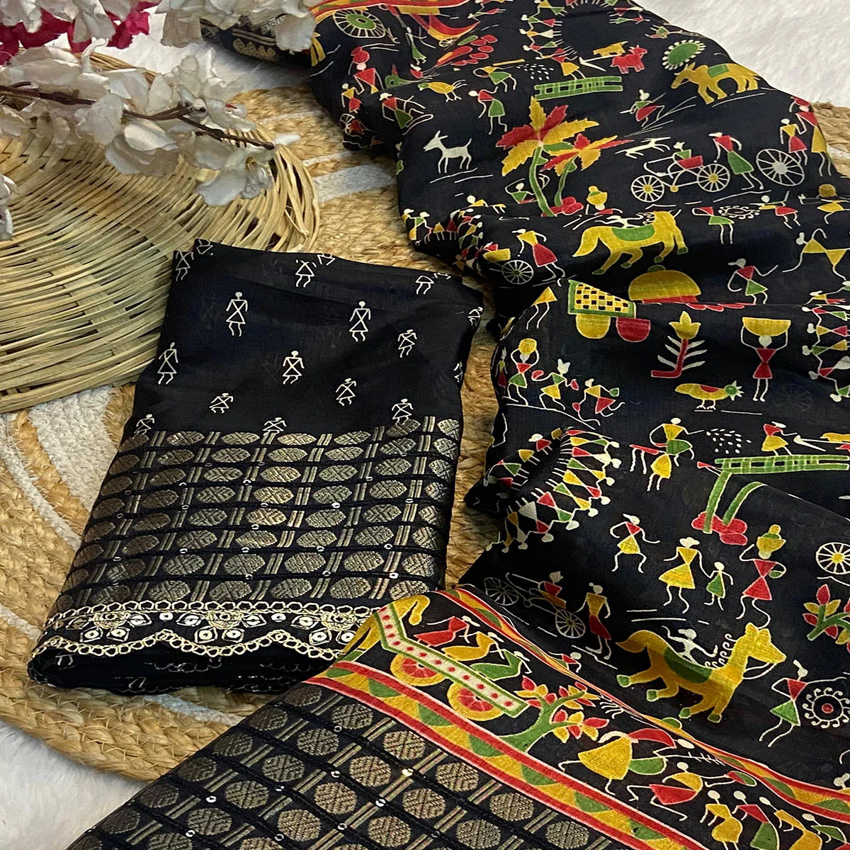Black Warli Printed Dola Silk Saree With Sequins Border - Image 2