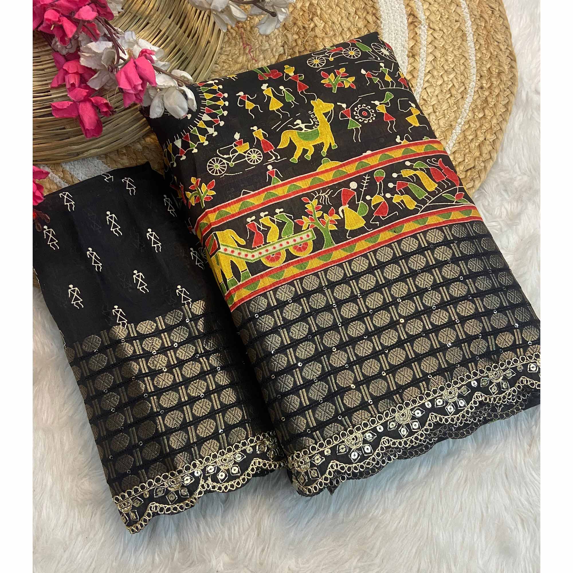 Black Warli Printed Dola Silk Saree With Sequins Border - Image 3