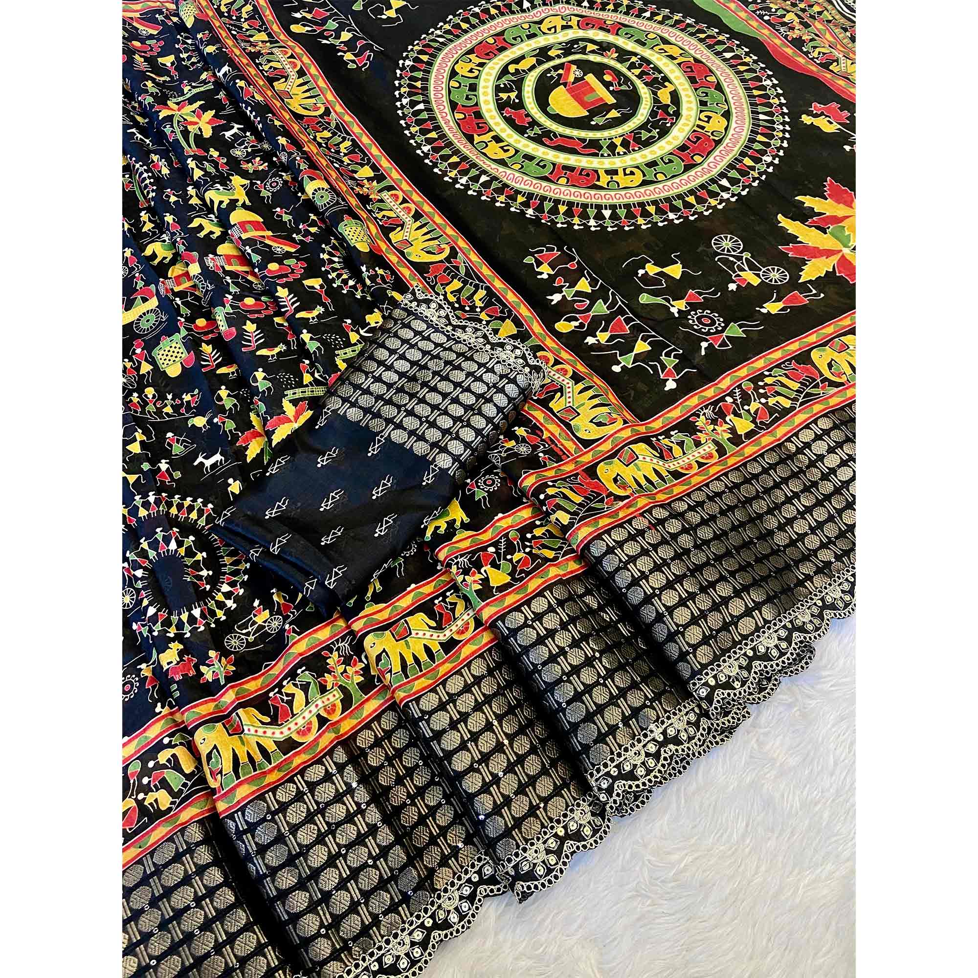 Black Warli Printed Dola Silk Saree With Sequins Border - Image 4