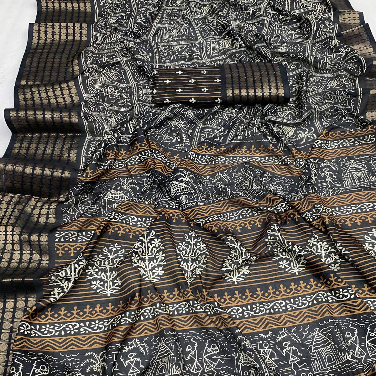 Black Warli Printed Dola Silk Saree With Zari Border - Image 2
