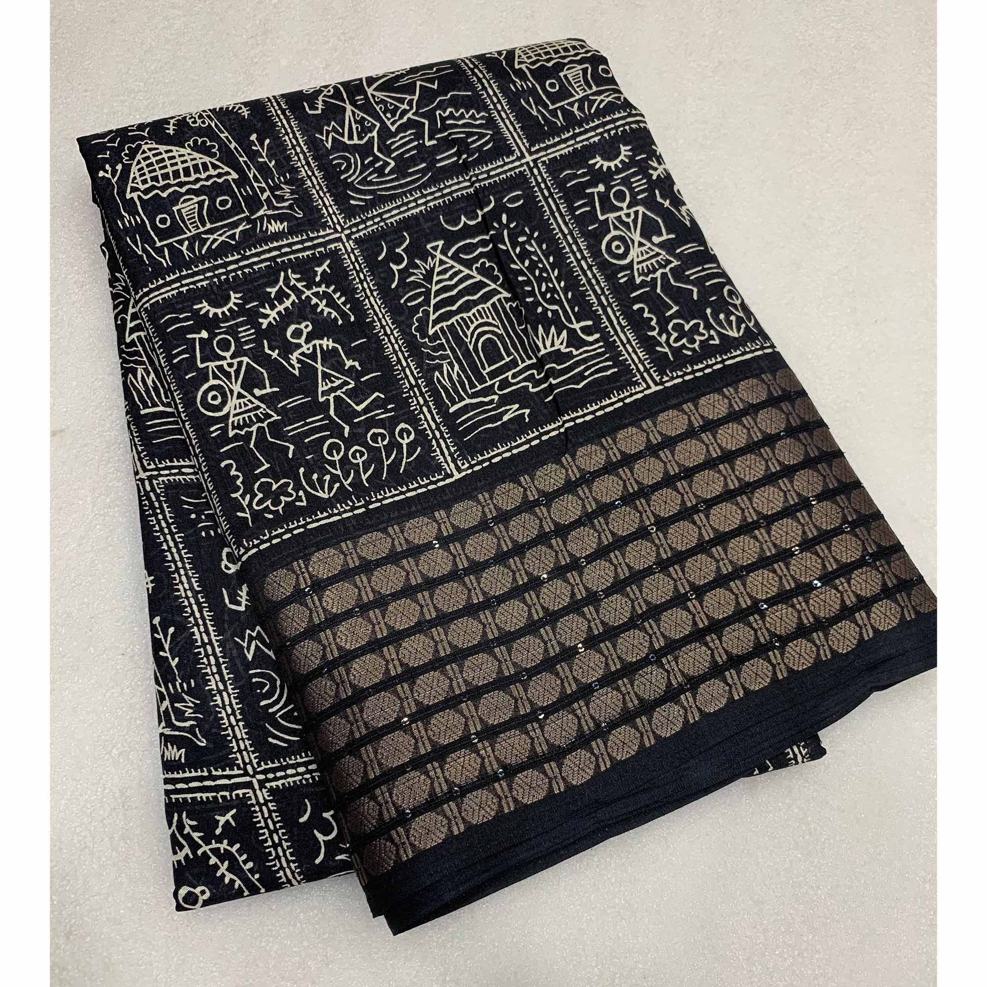 Black Warli Printed Dola Silk Saree With Zari Border - Image 3