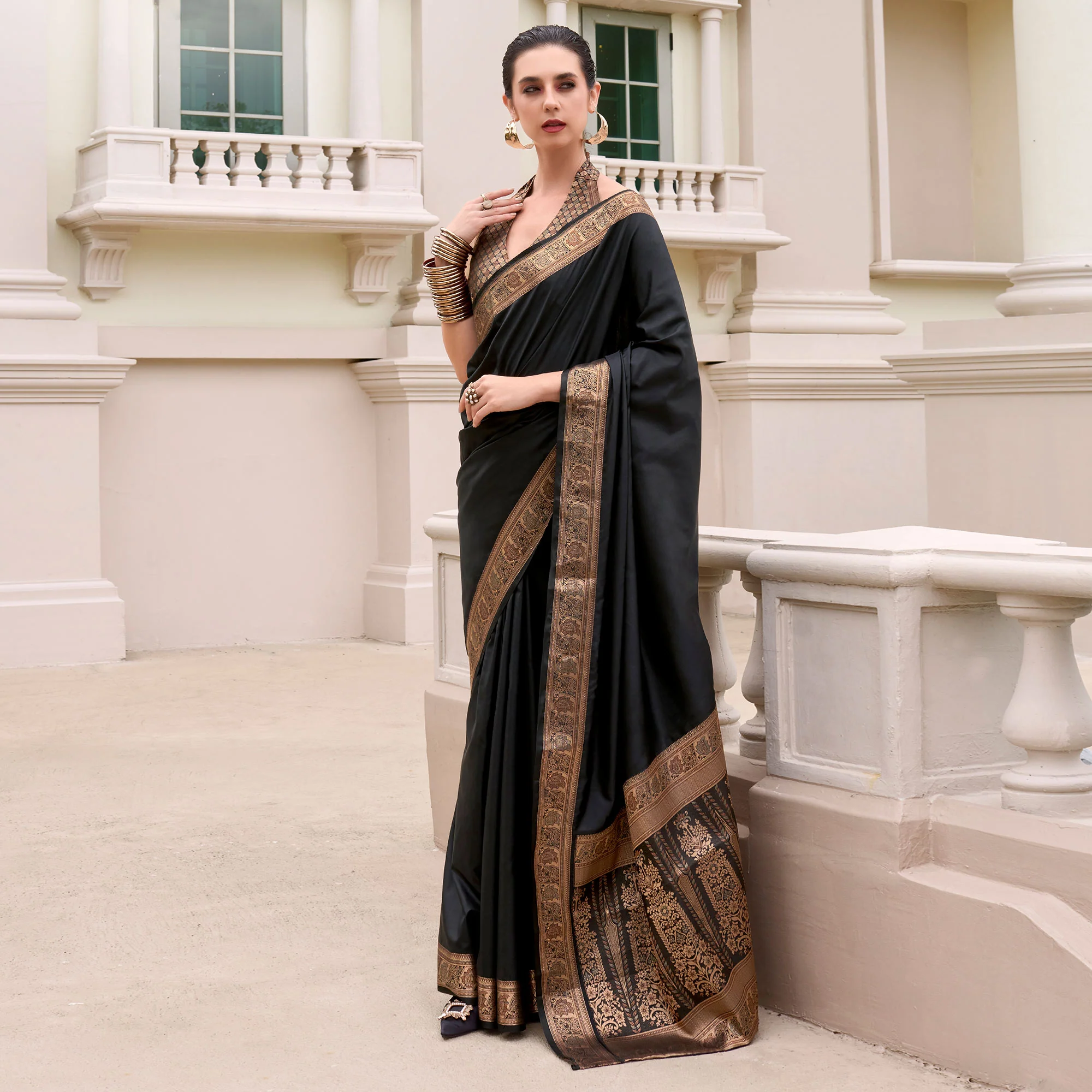 Black Woven Banarasi Silk Saree With Zari Border - Image 2