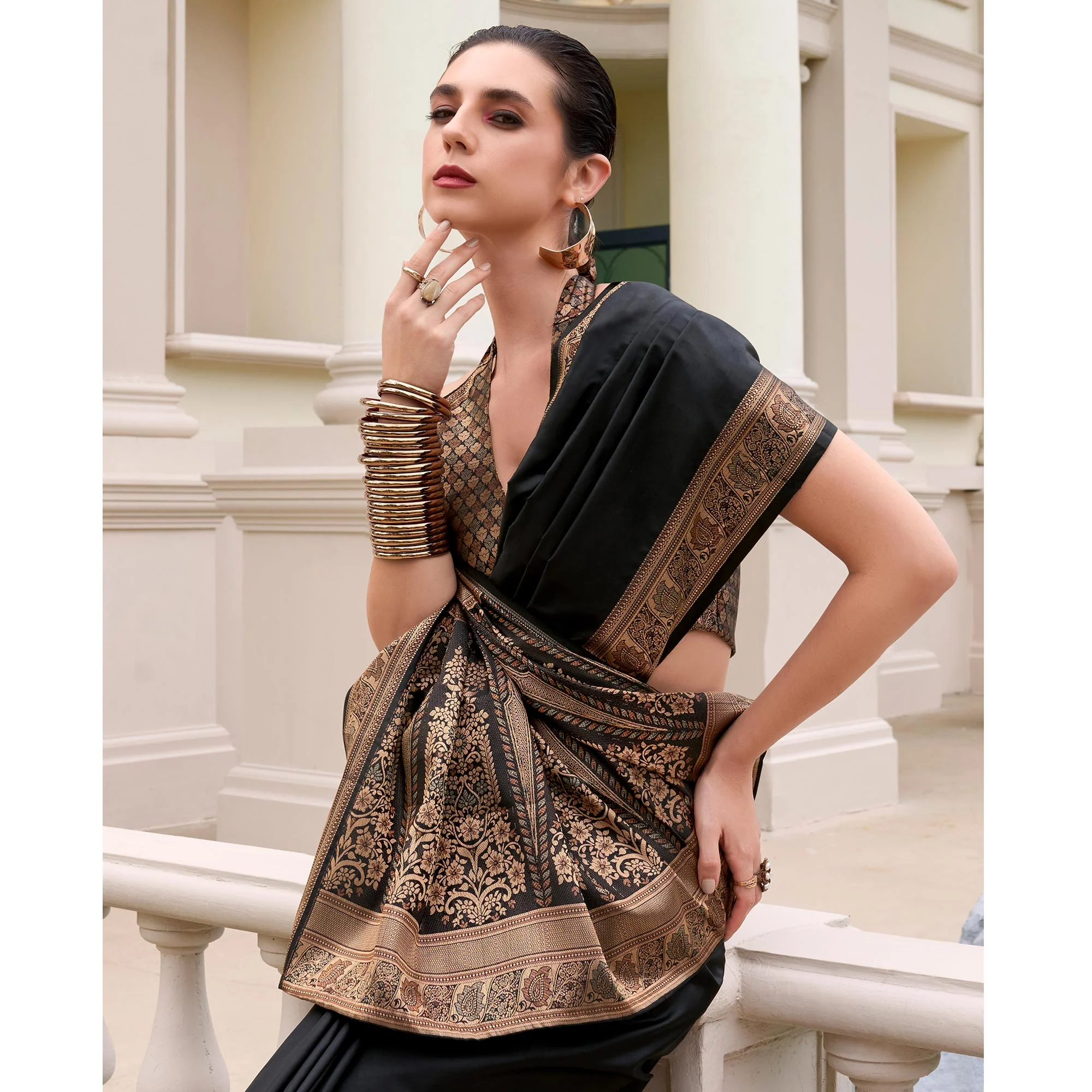 Black Woven Banarasi Silk Saree With Zari Border - Image 5
