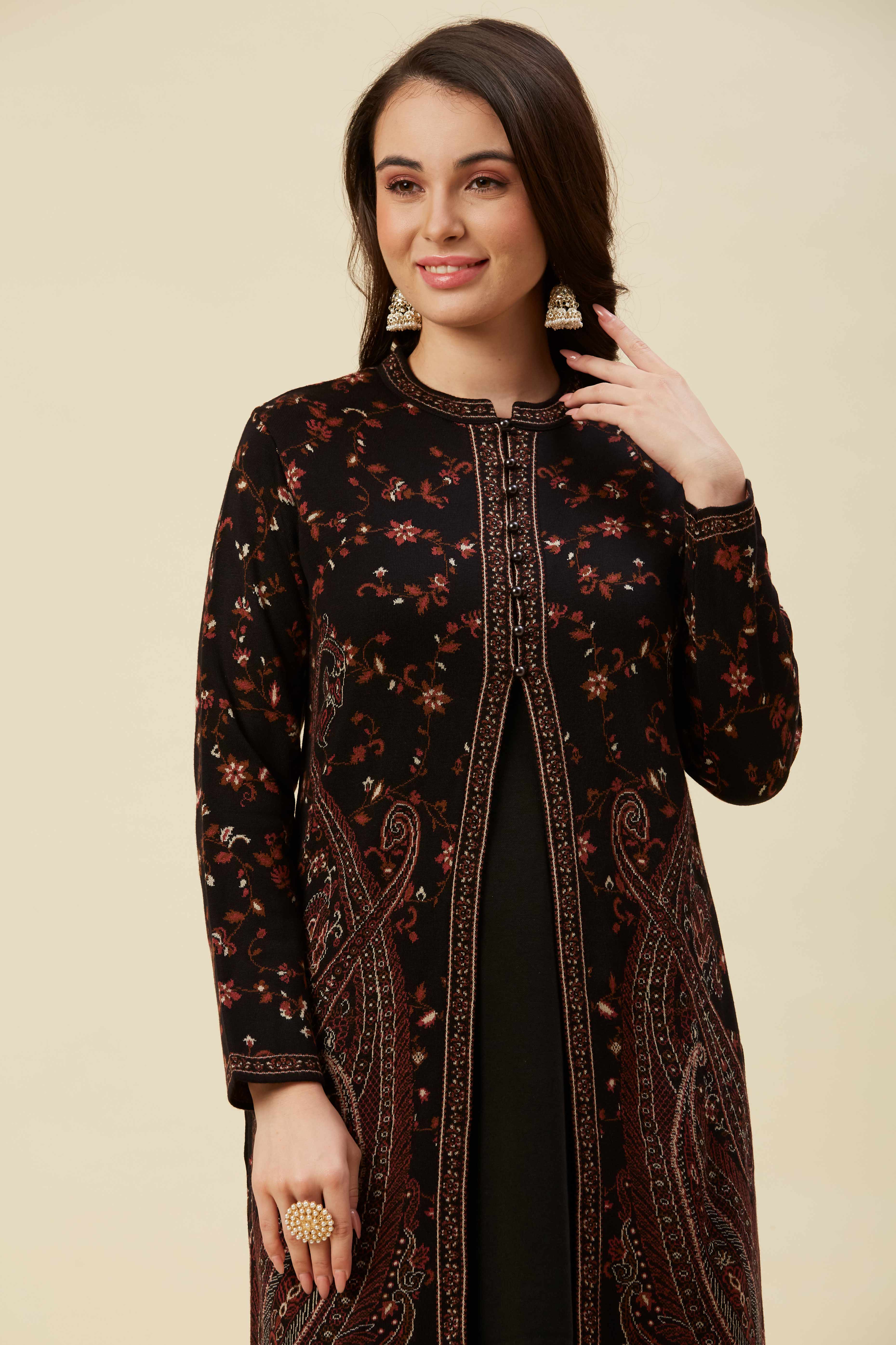 Black Woven Woolen Front Split Top Bottom Set - Image 10
