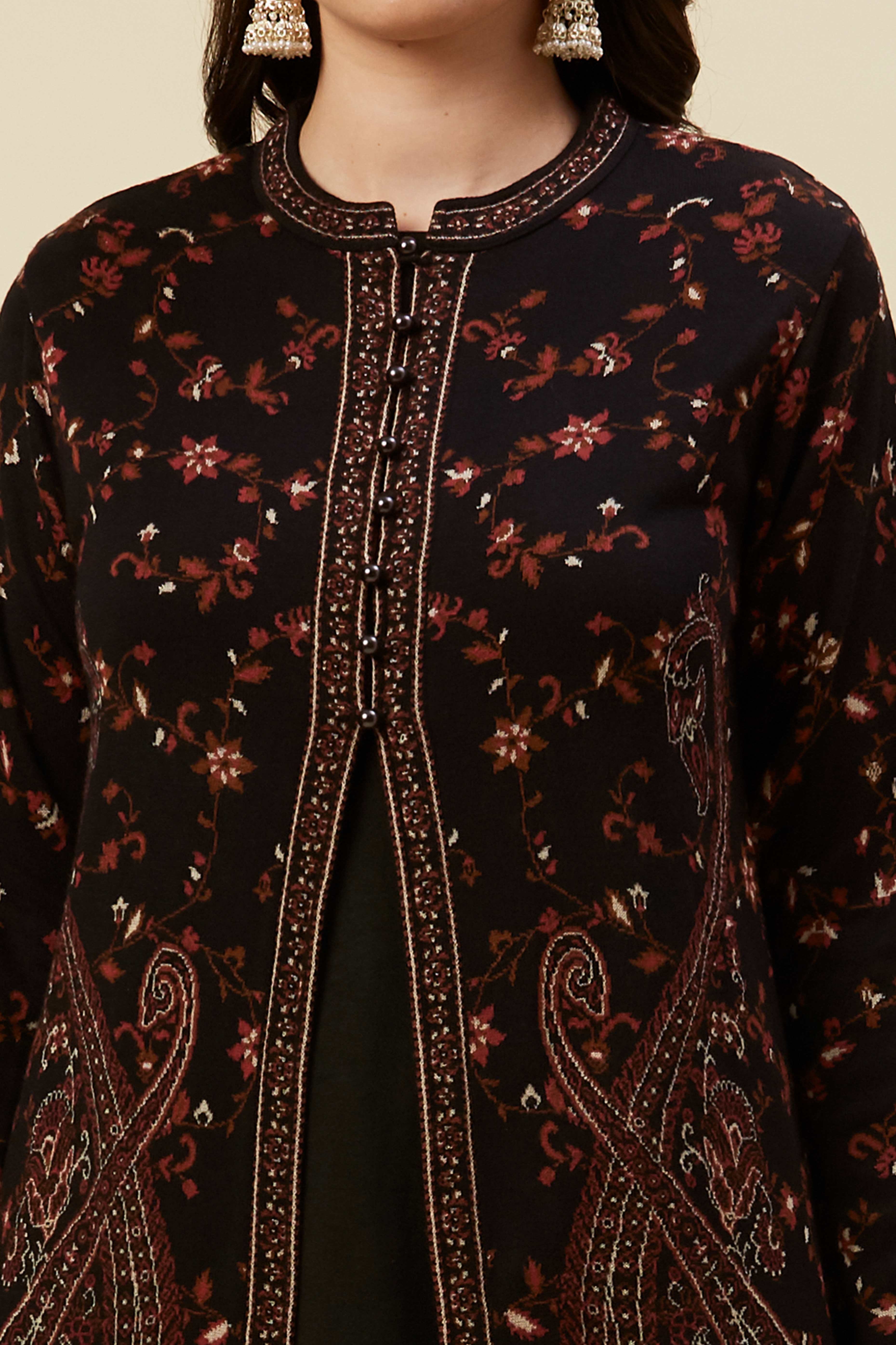 Black Woven Woolen Front Split Top Bottom Set - Image 2
