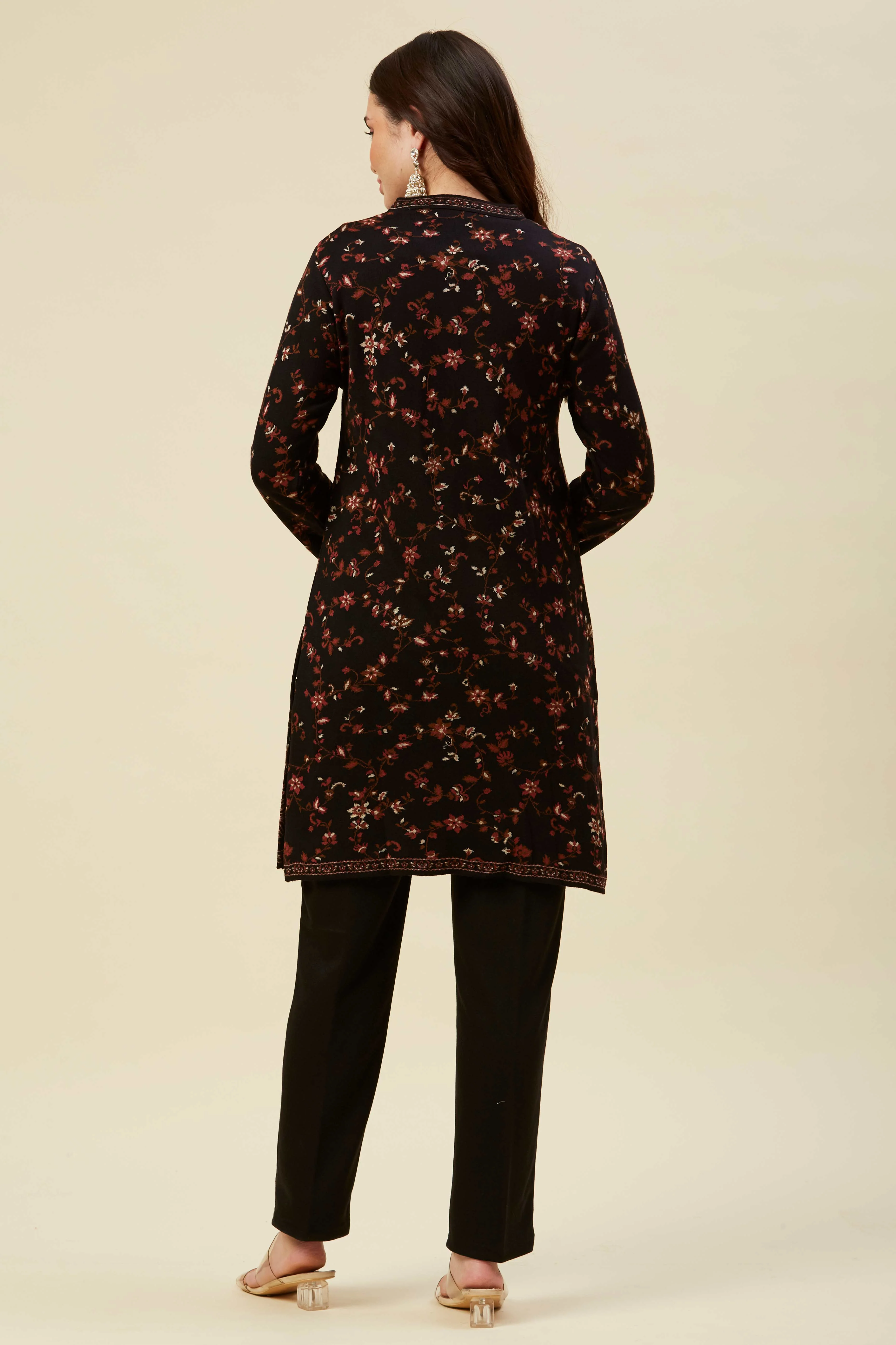 Black Woven Woolen Front Split Top Bottom Set - Image 3