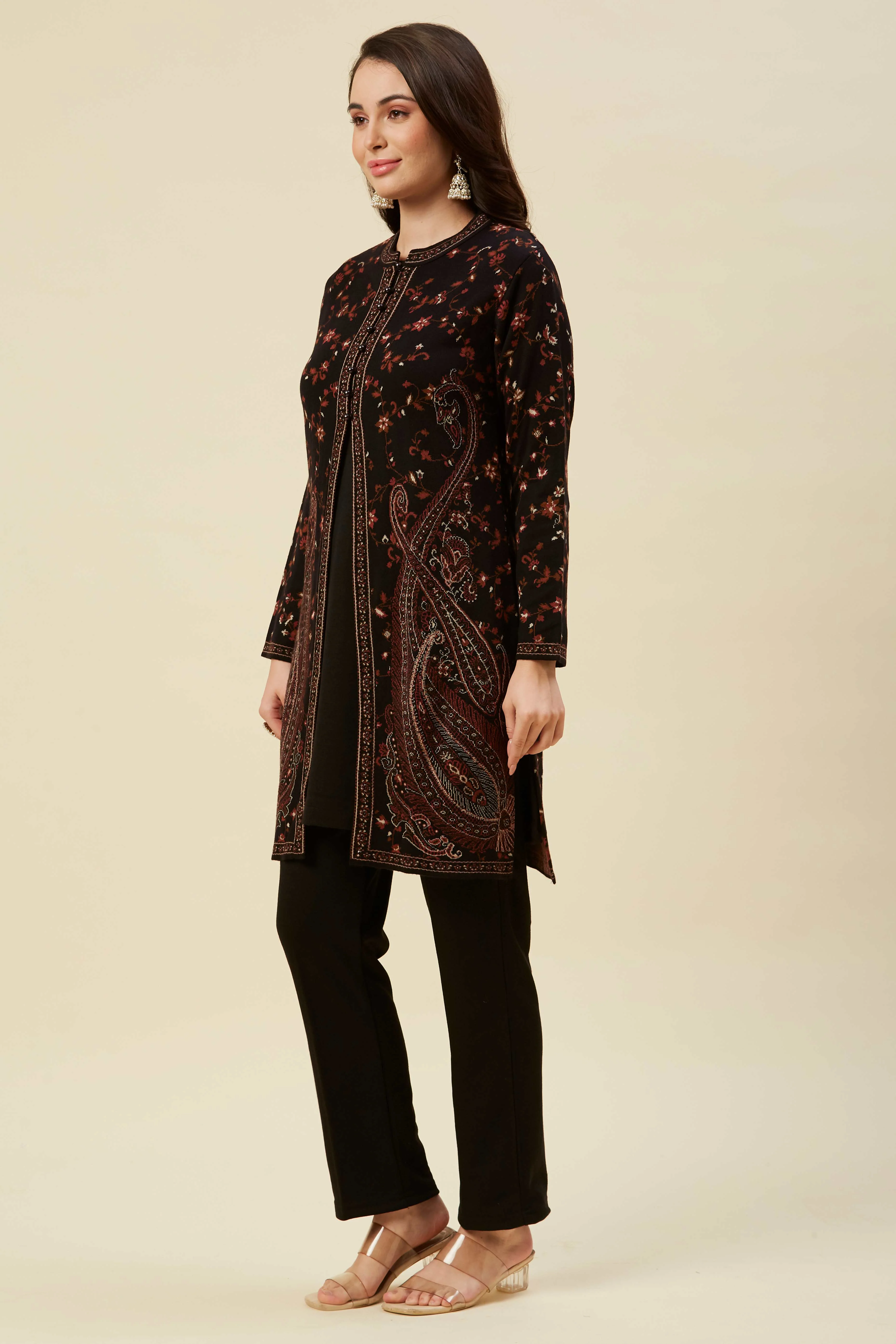 Black Woven Woolen Front Split Top Bottom Set - Image 4