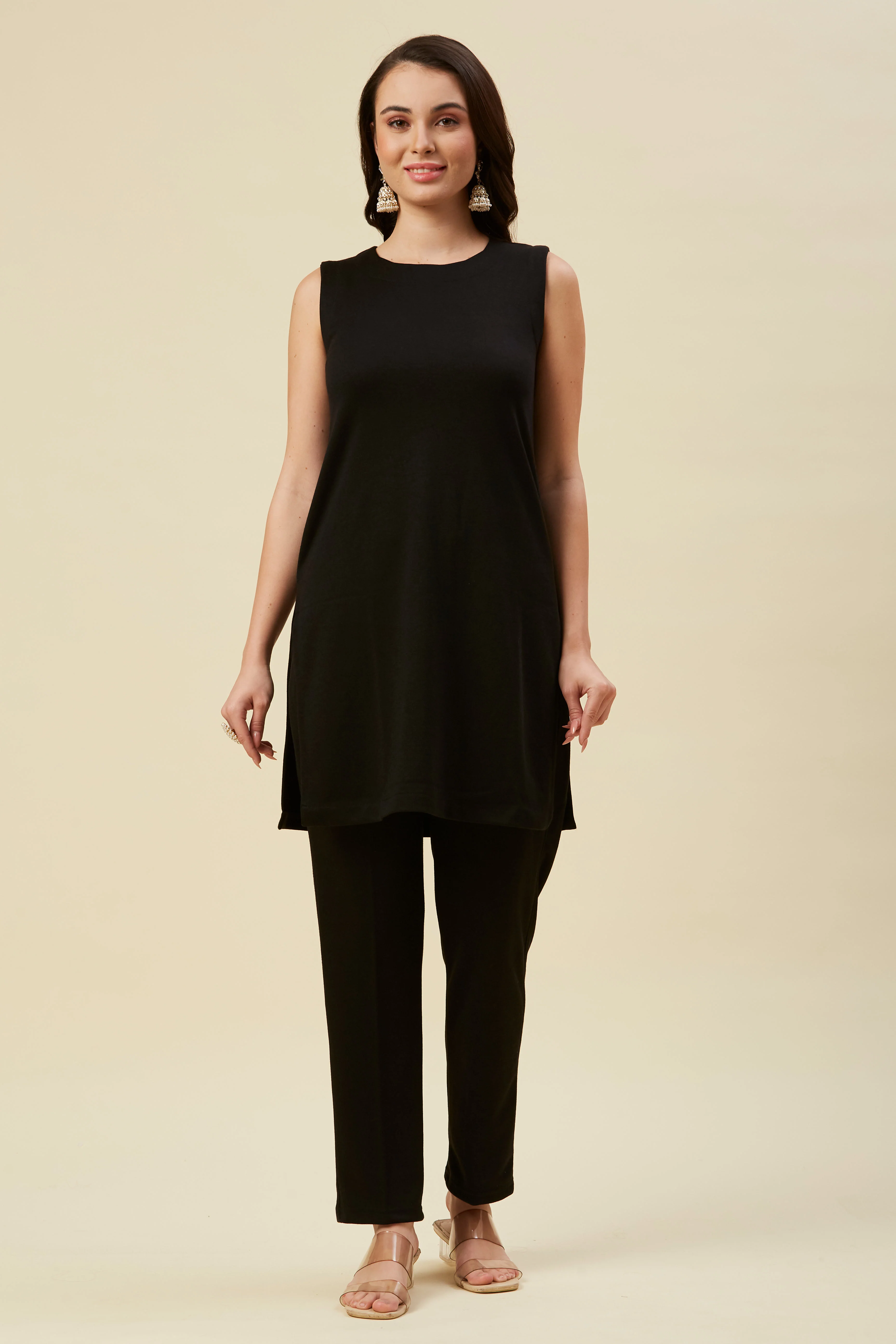Black Woven Woolen Front Split Top Bottom Set - Image 7