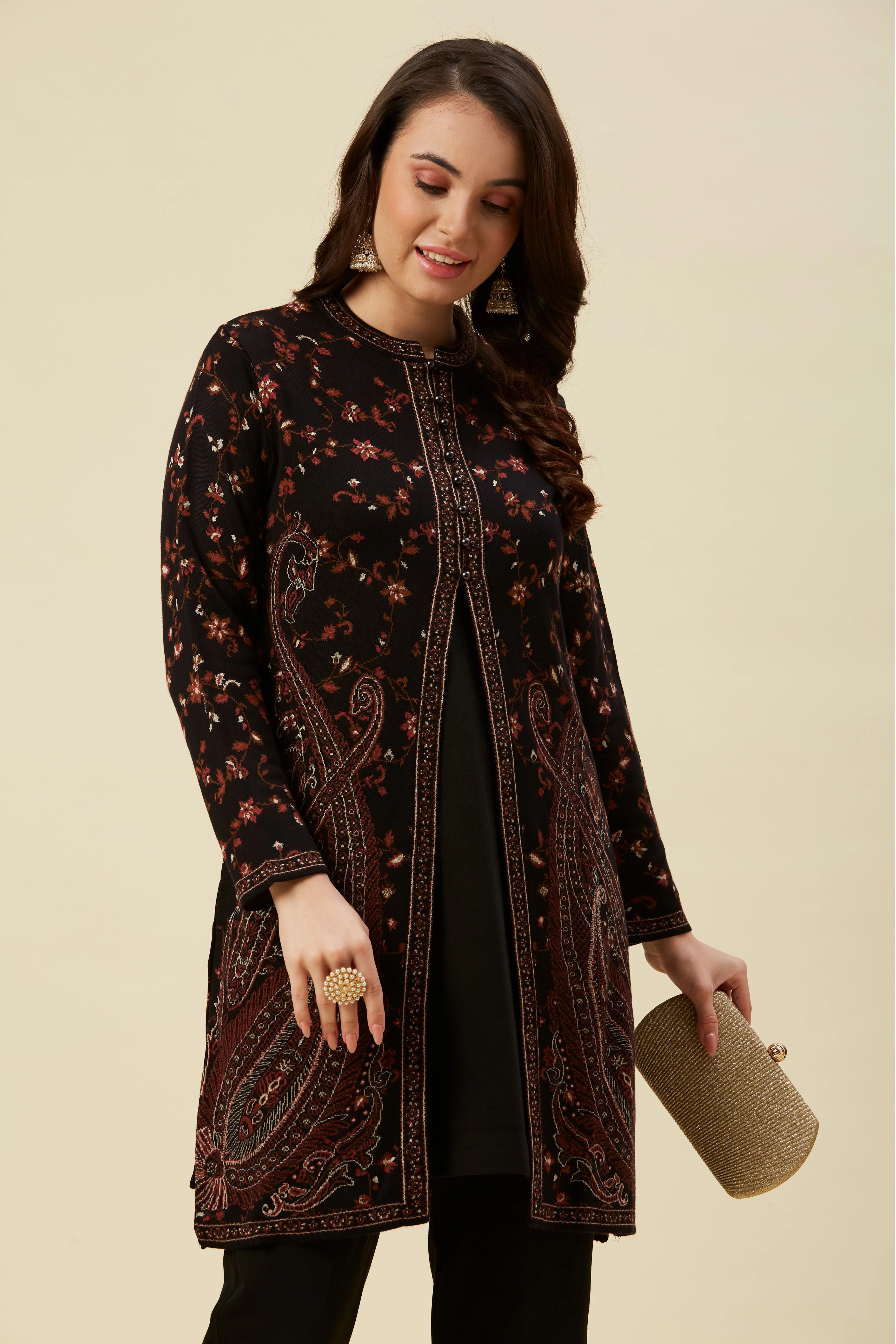 Black Woven Woolen Front Split Top Bottom Set - Image 9
