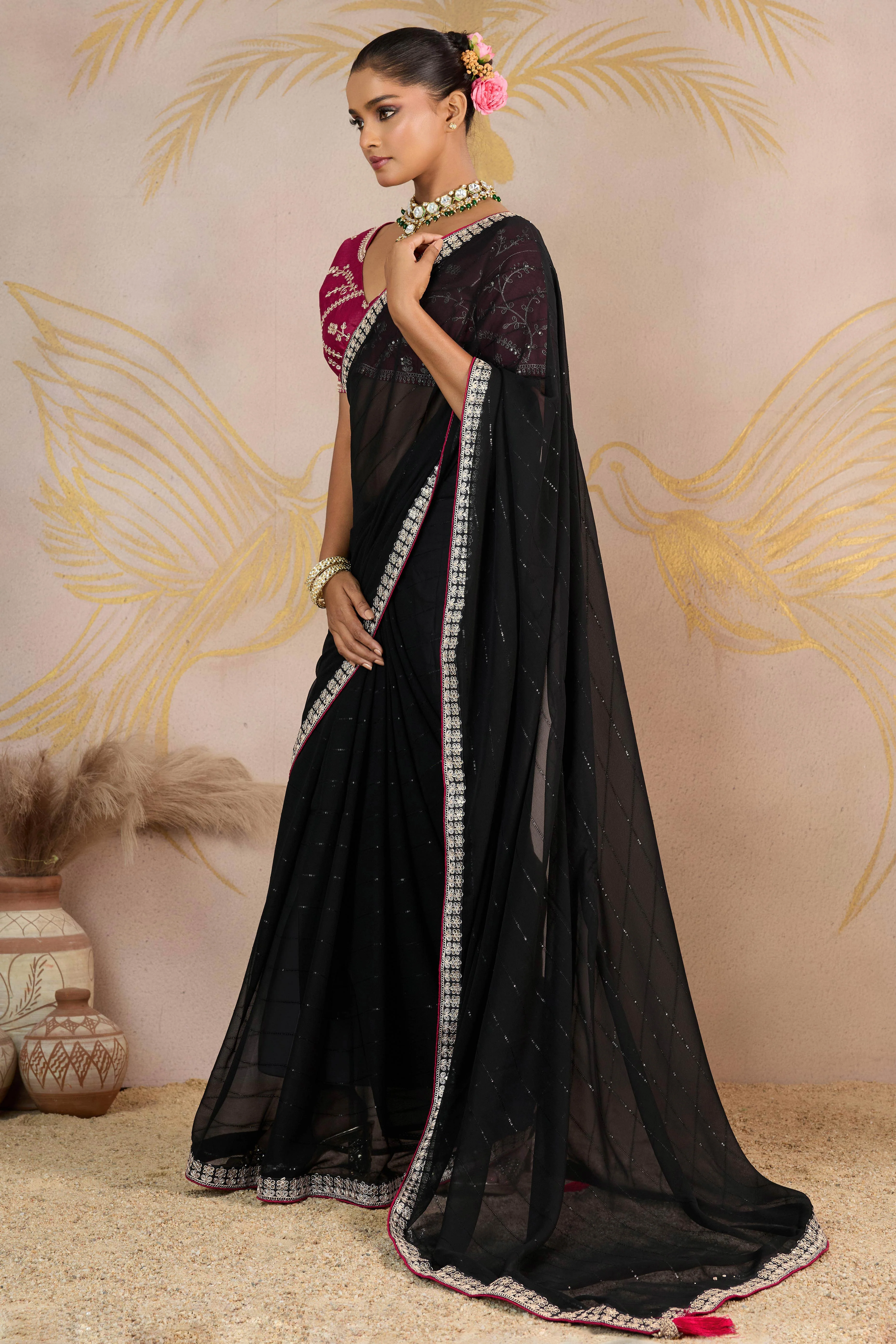Black Zari Embroidered Georgette Saree Accented With Sequins - Image 3