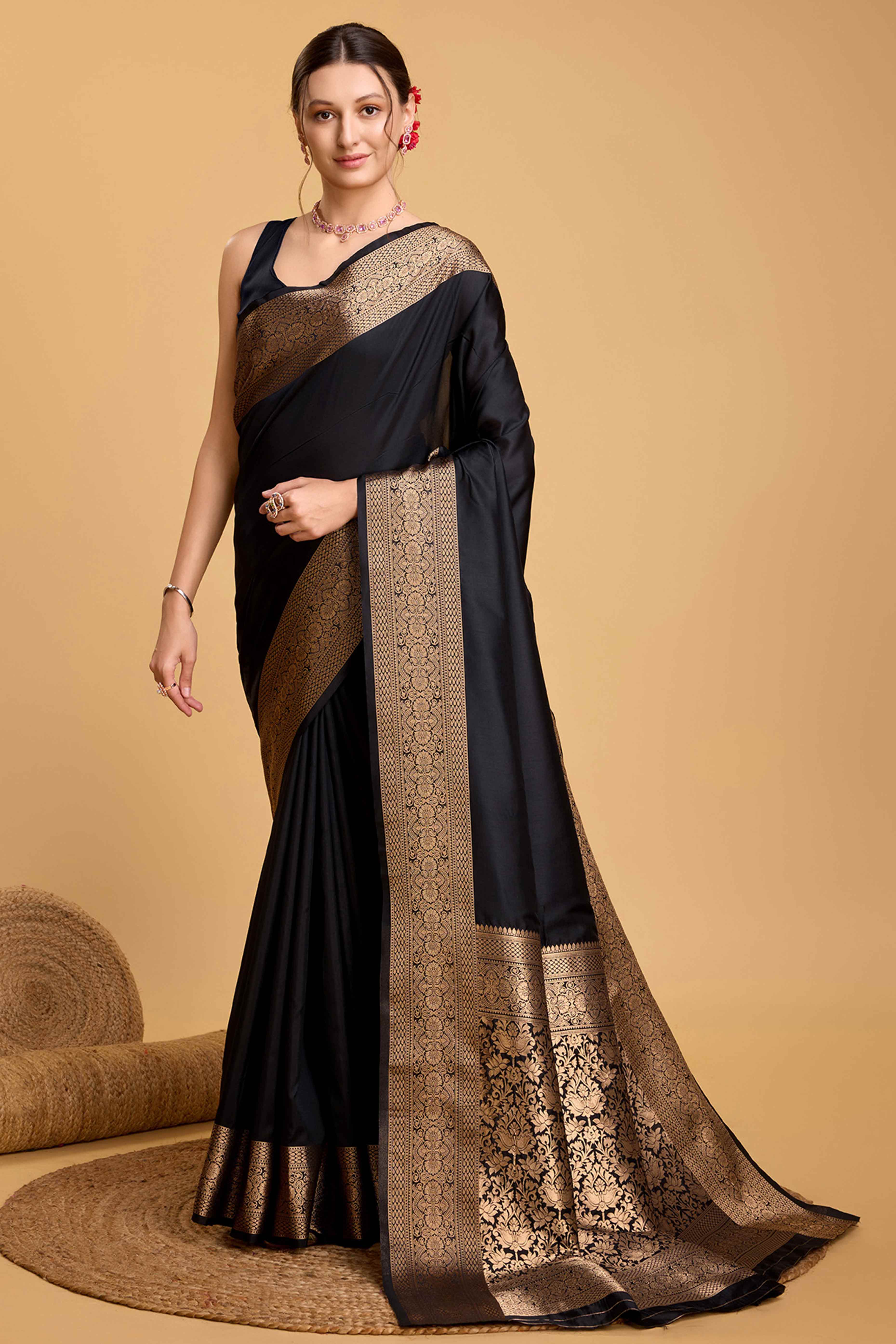 Black Zari Weaving Banarasi Silk Saree - Image 3