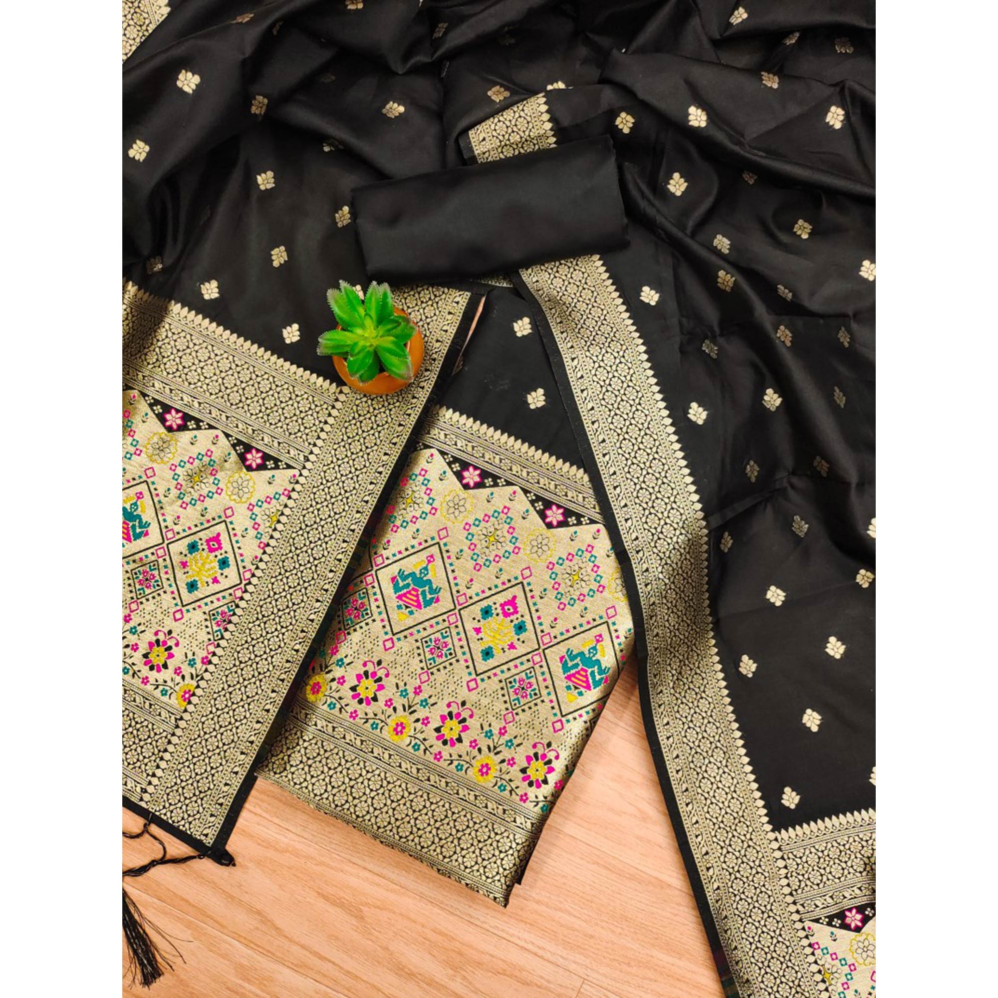 Black Zari Weaving Soft Banarasi Silk Dress Material - Image 3