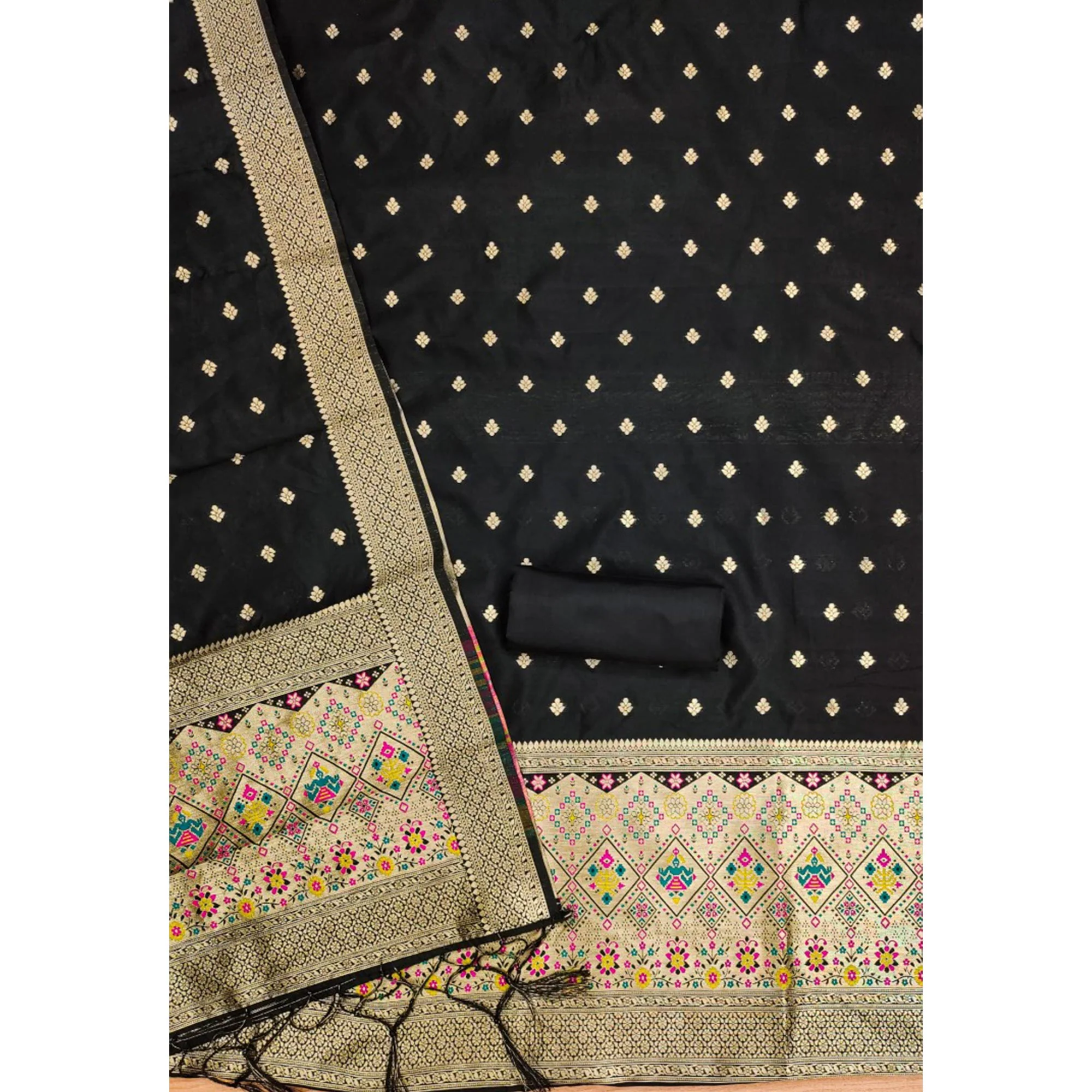 Black Zari Weaving Soft Banarasi Silk Dress Material - Image 4
