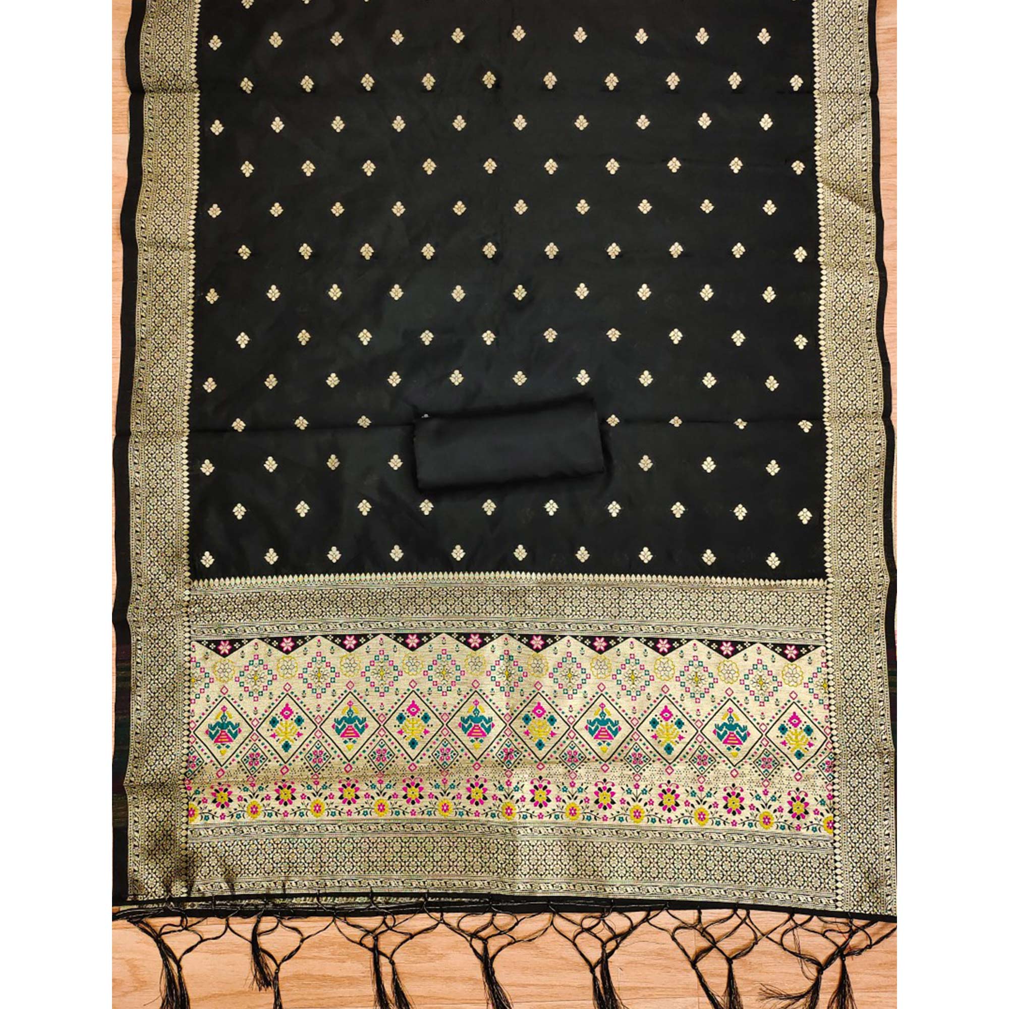 Black Zari Weaving Soft Banarasi Silk Dress Material - Image 5