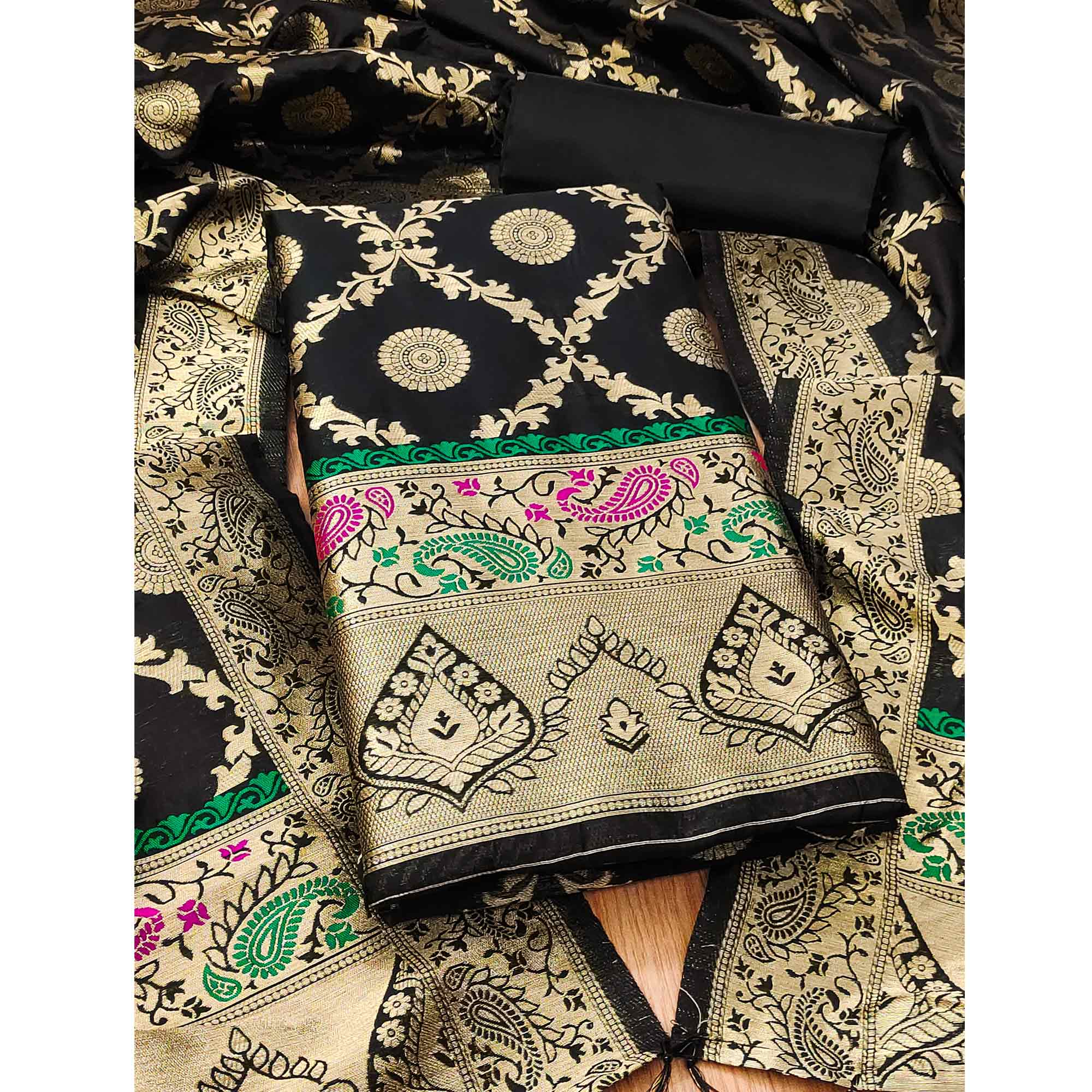 Black Zari Woven Banarasi Silk Dress Material With Elegant Floral Motifs - Image 3
