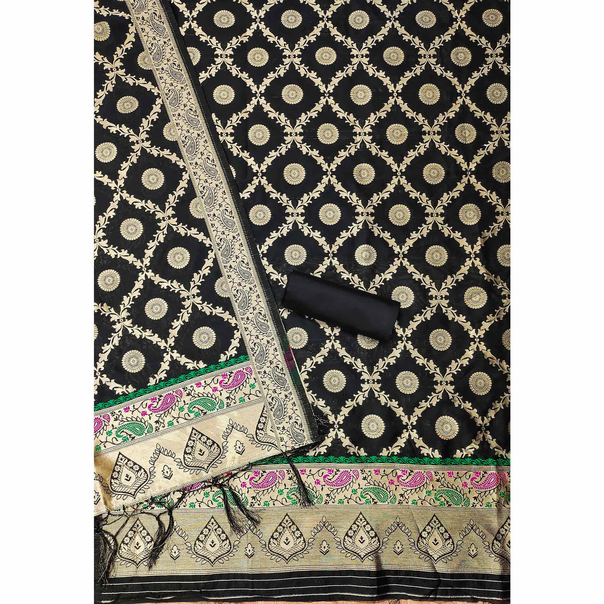 Black Zari Woven Banarasi Silk Dress Material With Elegant Floral Motifs - Image 4