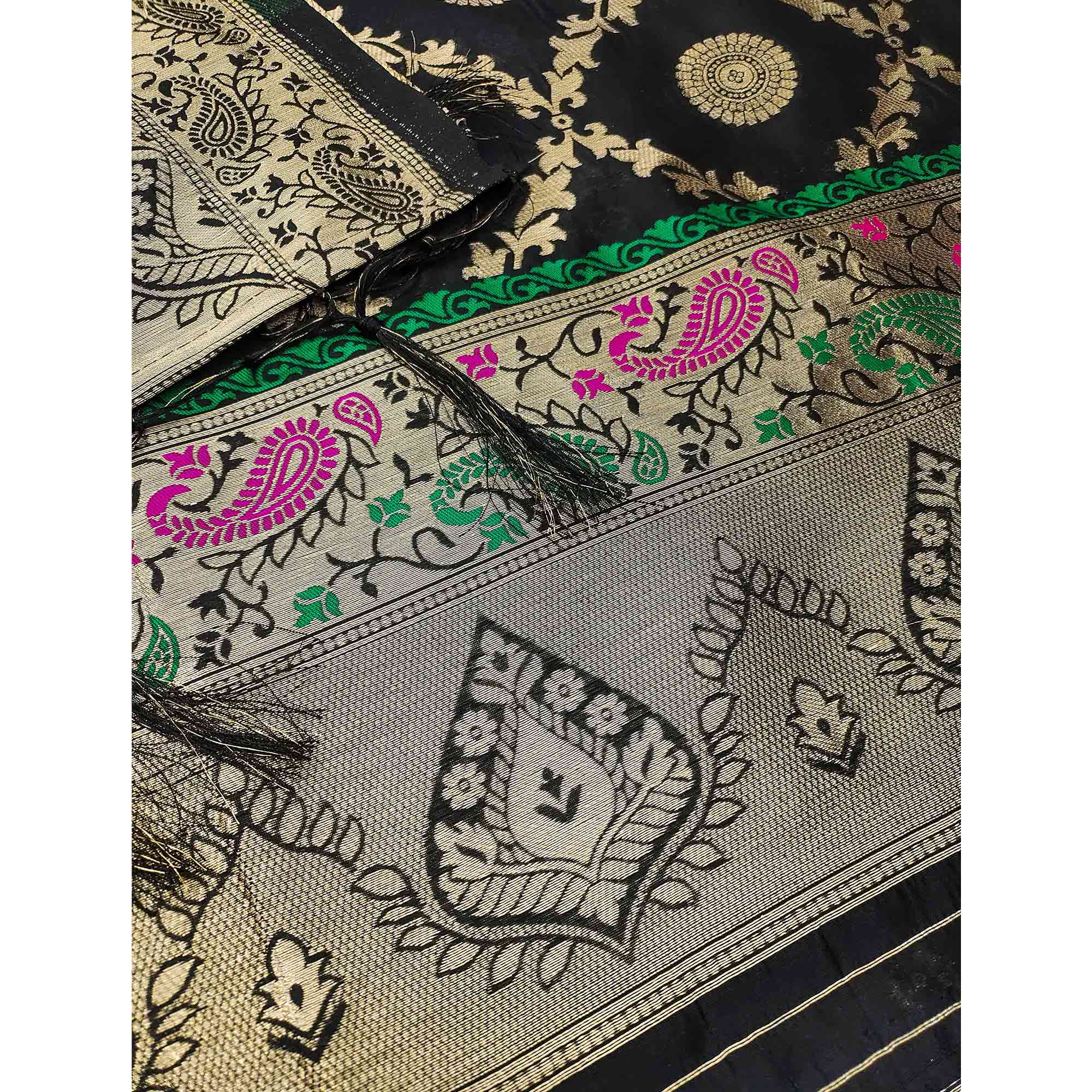 Black Zari Woven Banarasi Silk Dress Material With Elegant Floral Motifs - Image 5