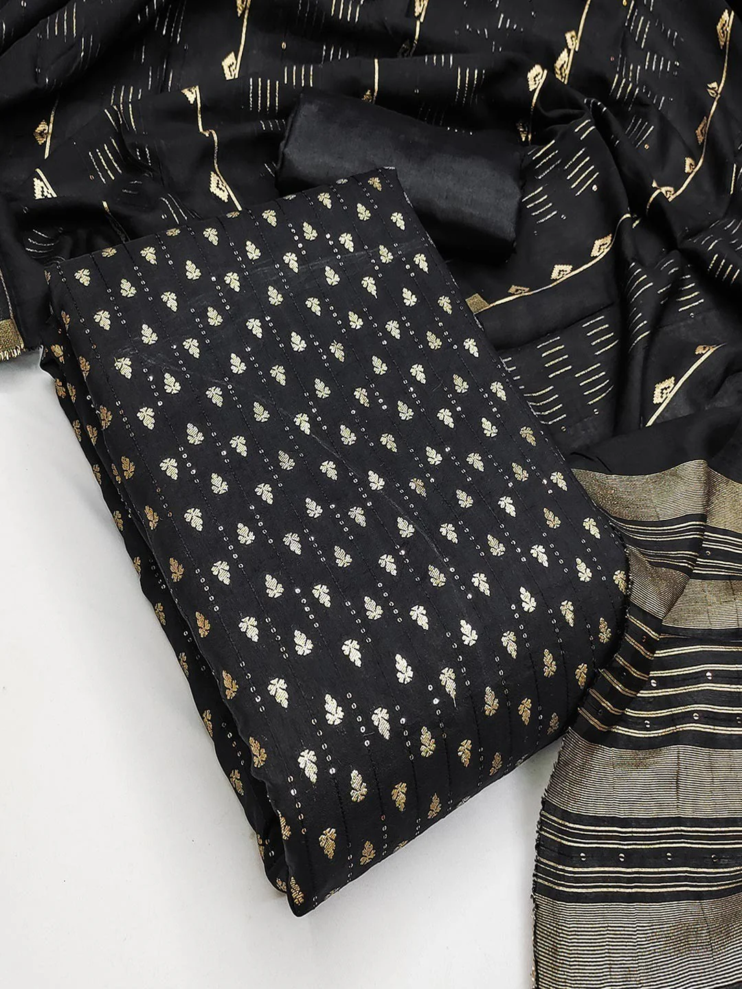 Black Zari Woven Chanderi Jacquard Fabric Dress Material for Graceful Ethnic Wear - Image 3