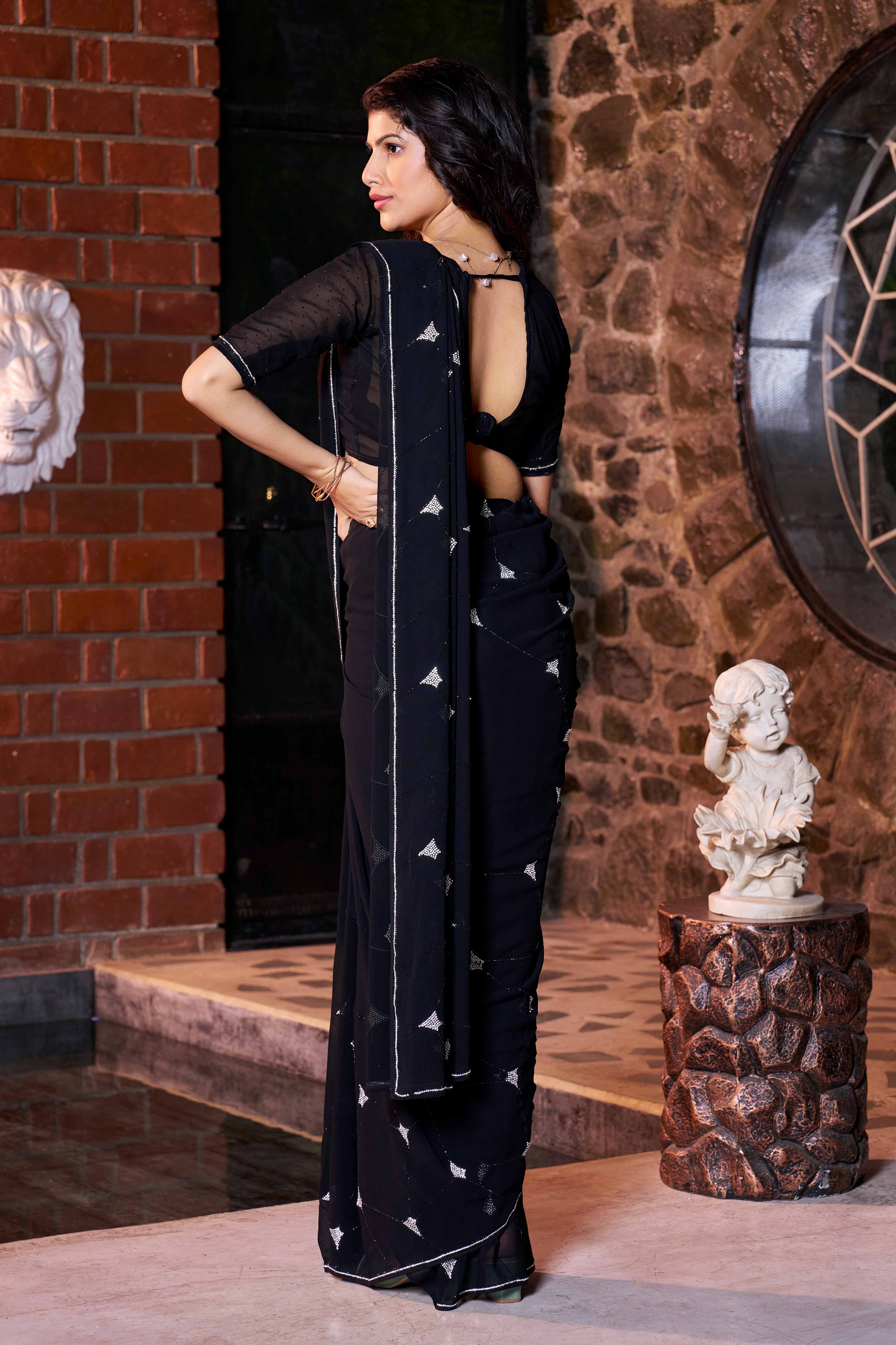 Elegant Black Georgette Saree Embellished With Zarkan Handwork - Image 4