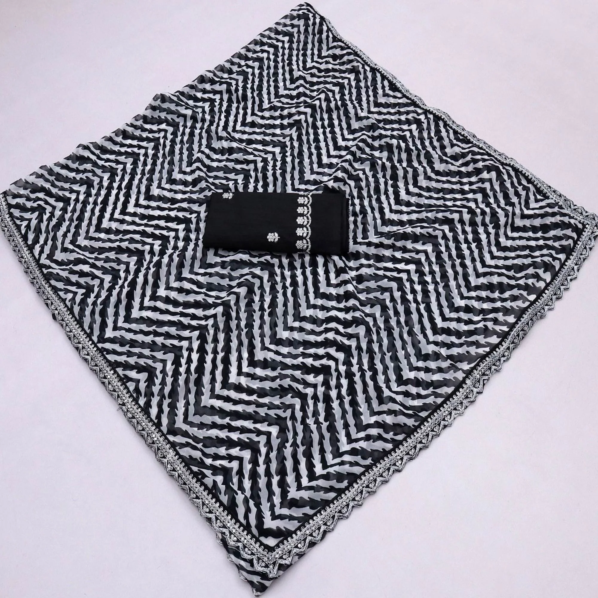 Black Zig Zag Printed Georgette Saree With Sequins Embroidered Border - Image 3