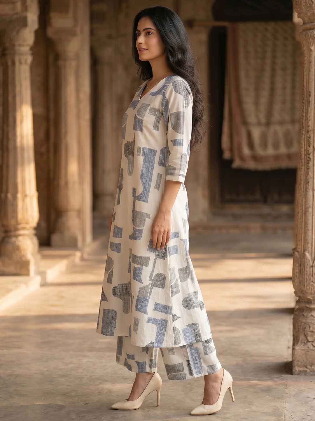 Blue Abstract Print Pure Cotton A-Line Top Bottom Set for Casual Wear - Image 4