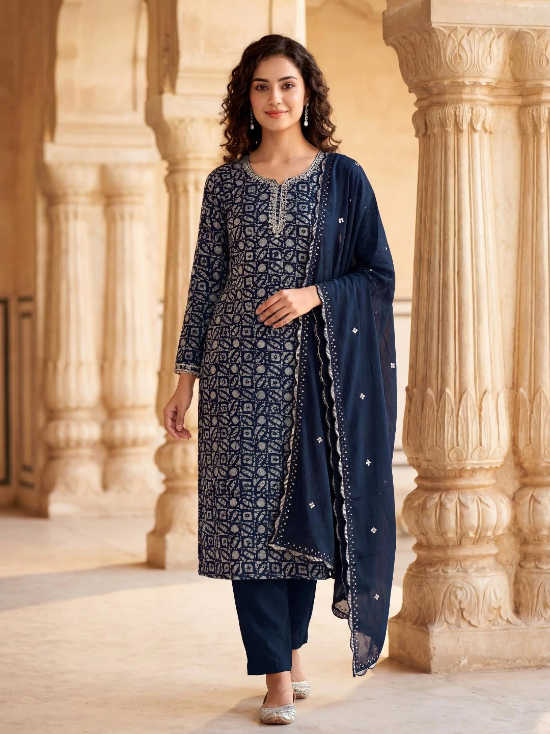 Blue Abstract Printed Silk Blend Semi-Stitched Suit Set
