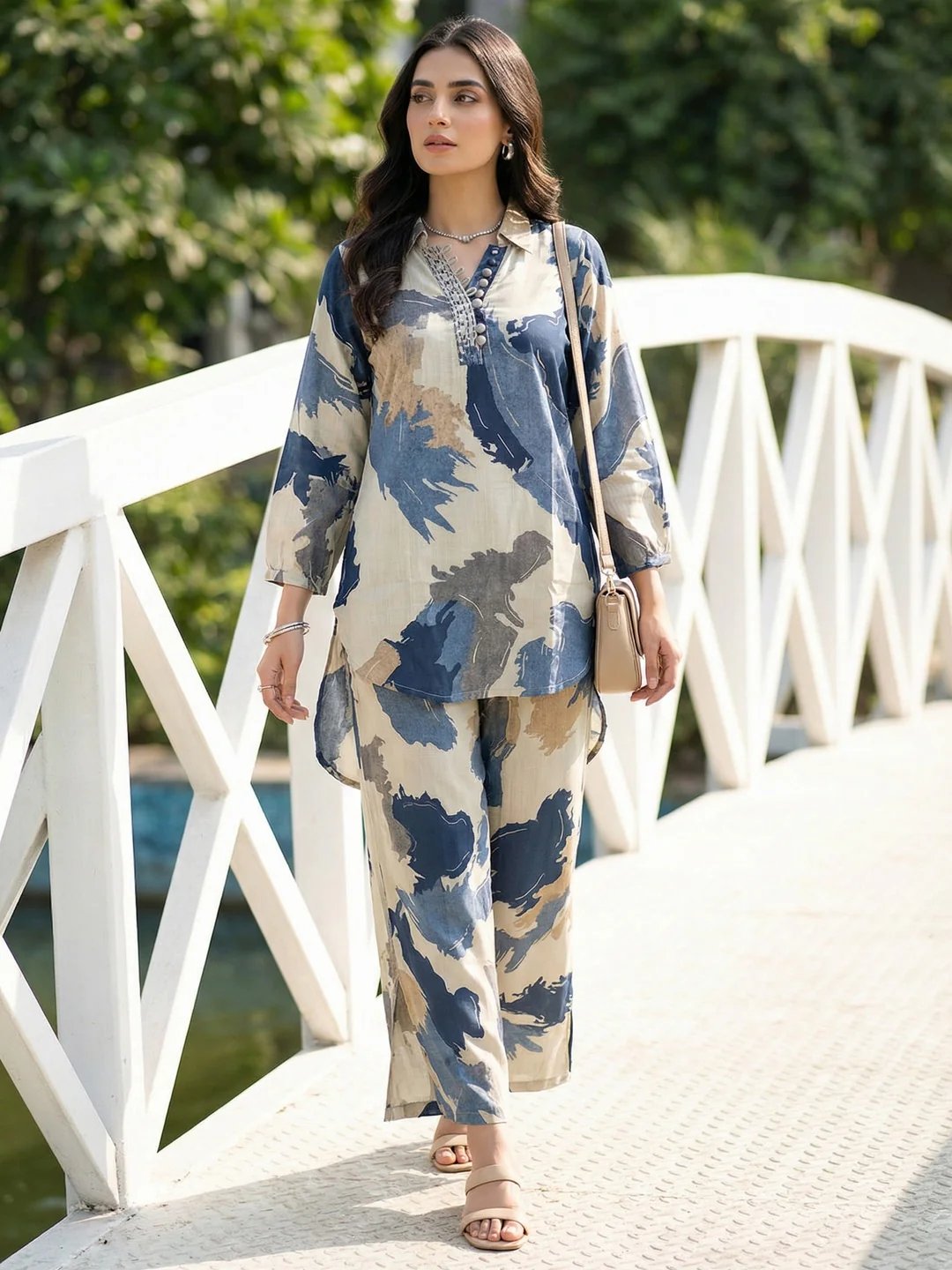 Blue Abstract Printed Viscose Two Piece Outfit with Soft Fabric and Modern Look