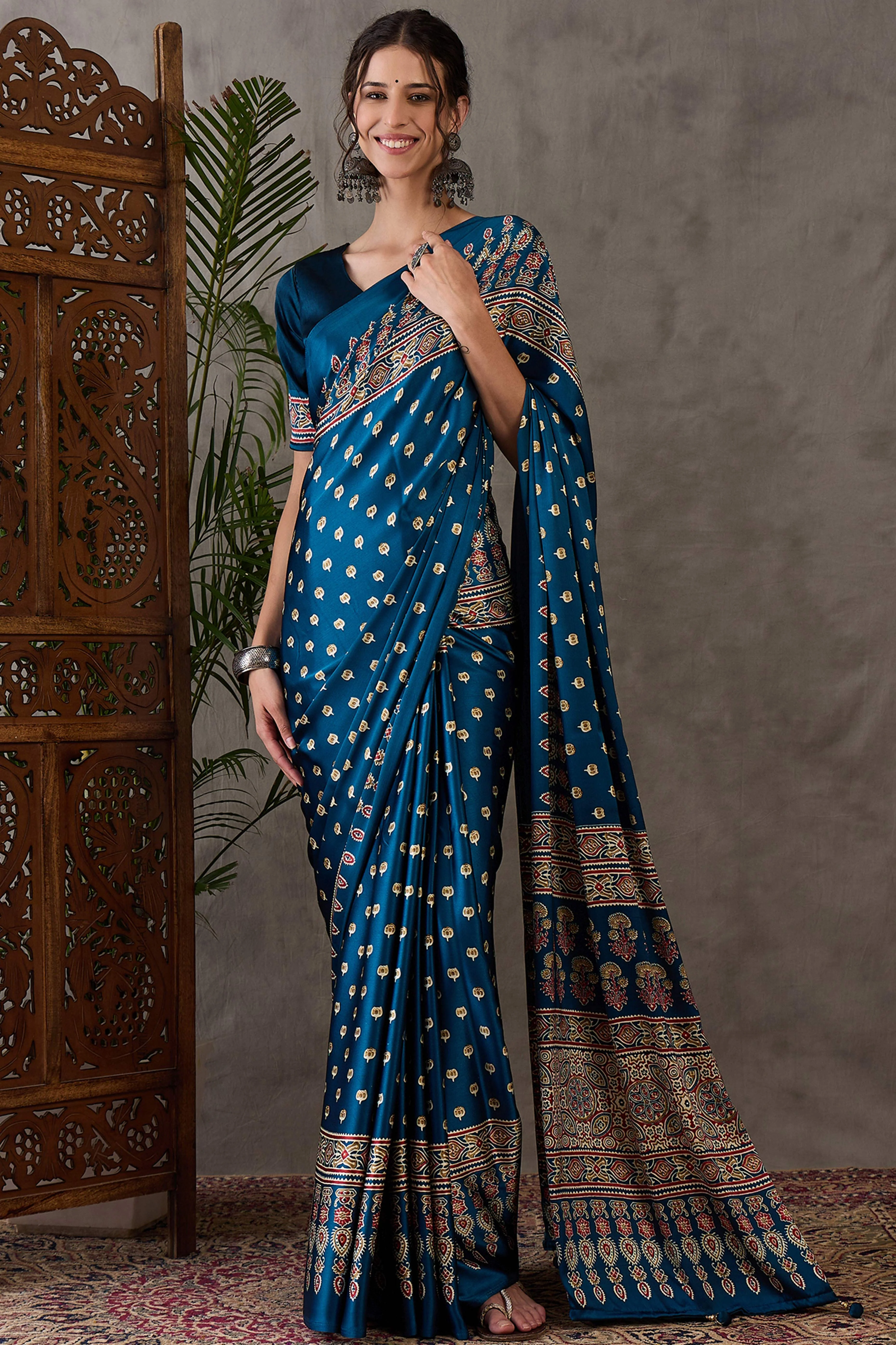 Blue Ajrakh Inspired Printed Modal Satin Saree for Party Occasions