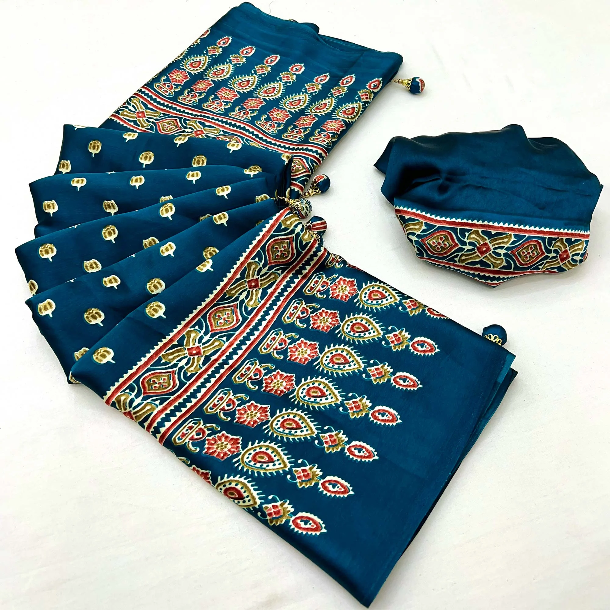 Blue Ajrakh Inspired Printed Modal Satin Saree for Party Occasions - Image 10
