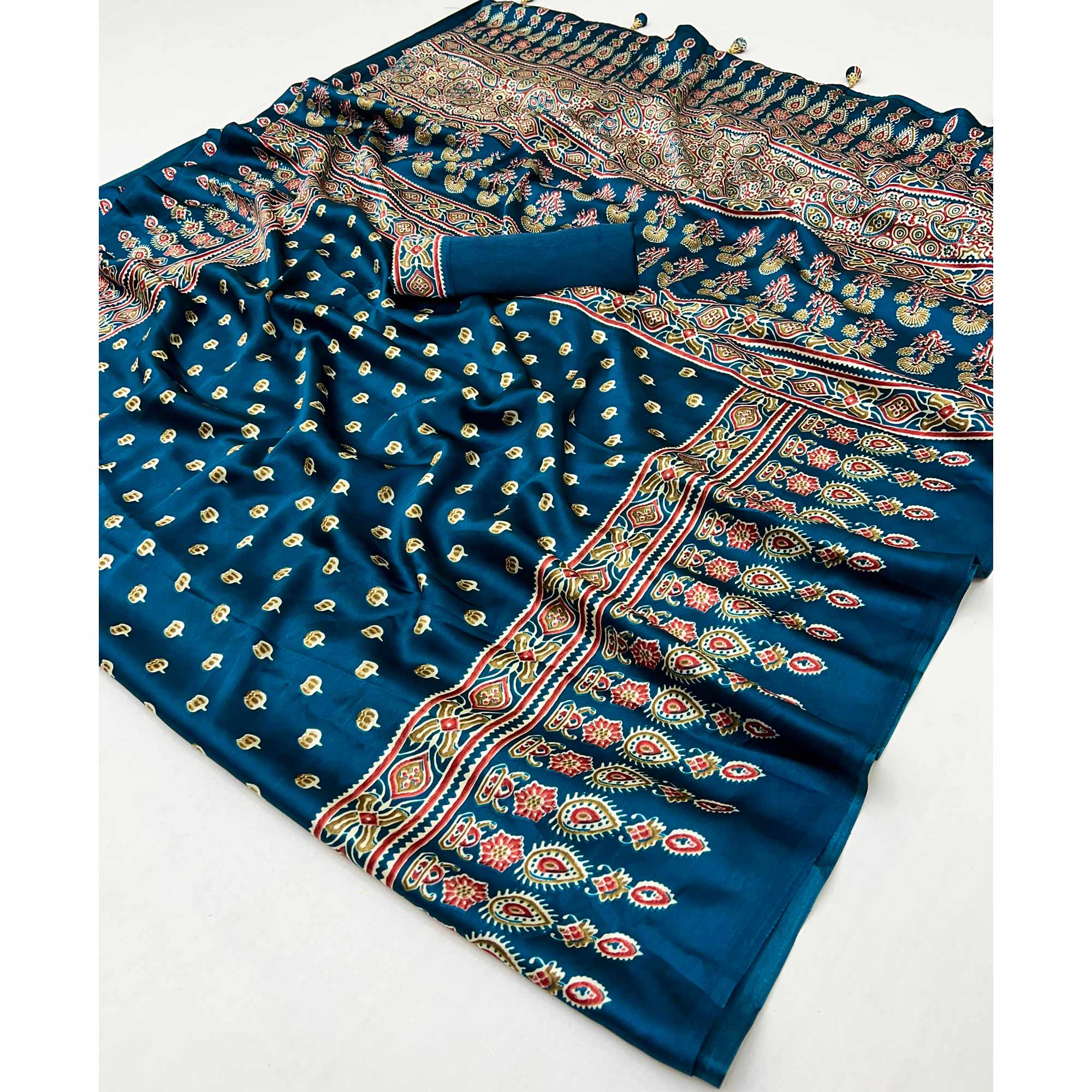 Blue Ajrakh Inspired Printed Modal Satin Saree for Party Occasions - Image 11