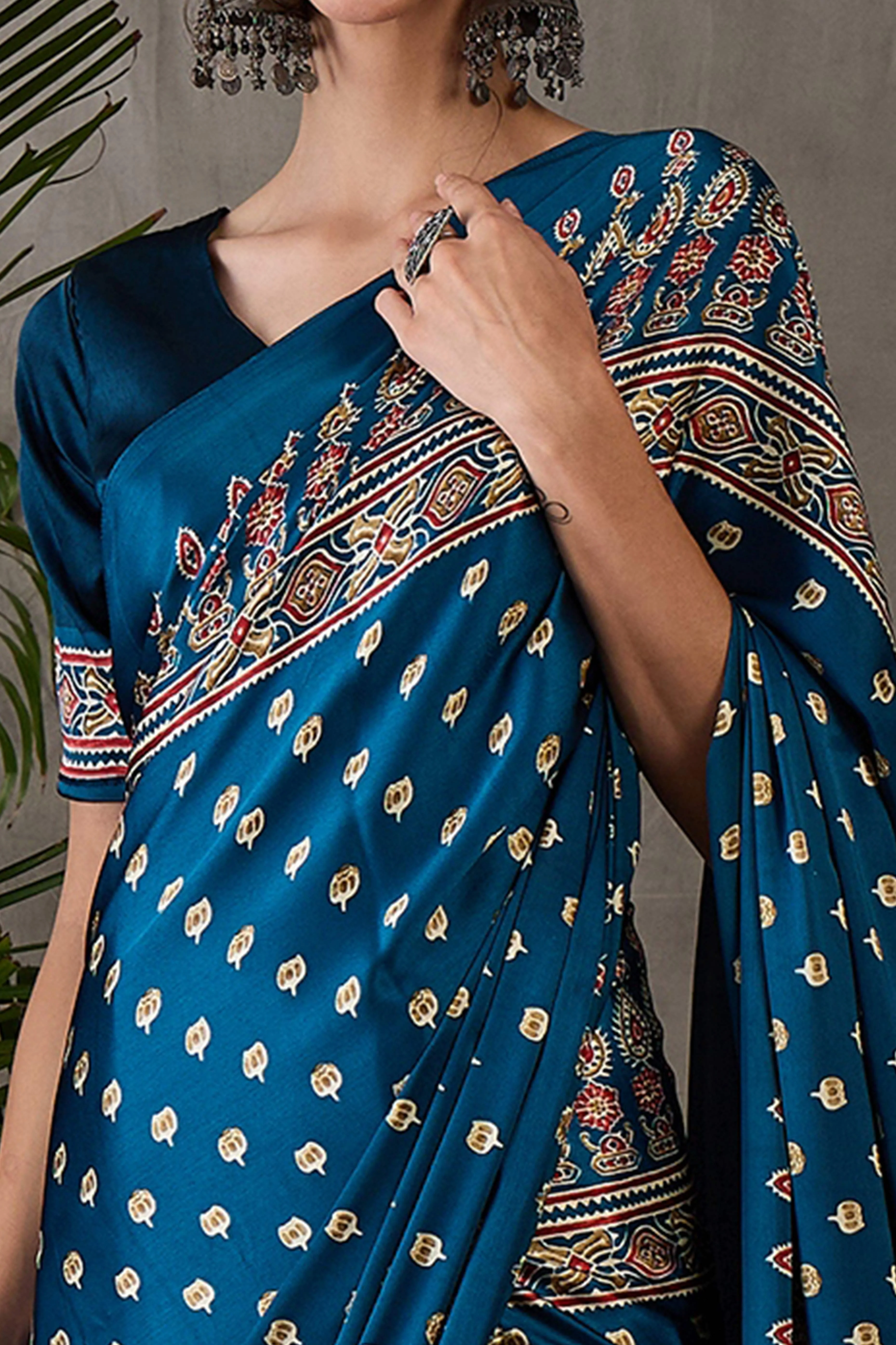 Blue Ajrakh Inspired Printed Modal Satin Saree for Party Occasions - Image 2