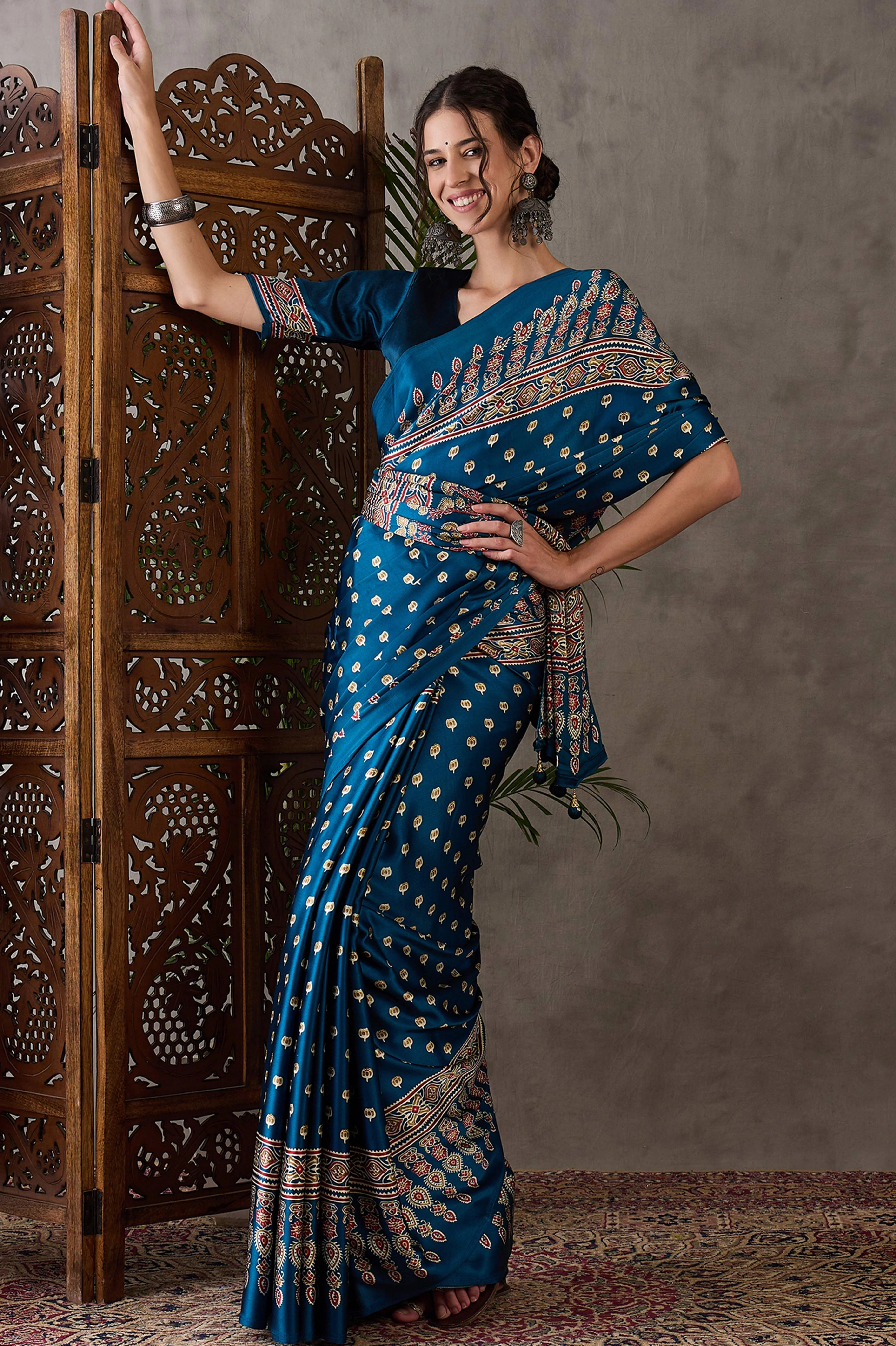 Blue Ajrakh Inspired Printed Modal Satin Saree for Party Occasions - Image 3