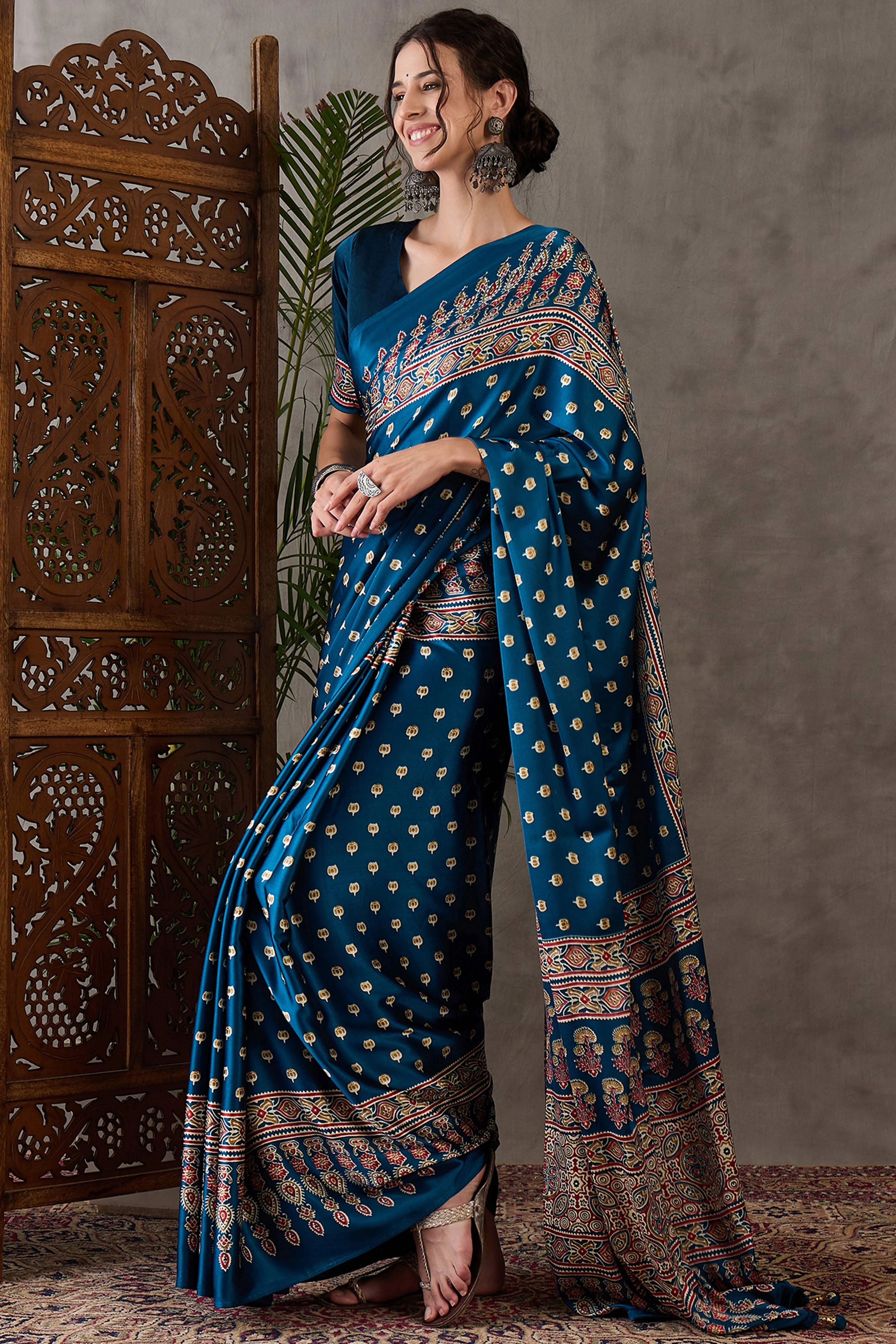 Blue Ajrakh Inspired Printed Modal Satin Saree for Party Occasions - Image 4