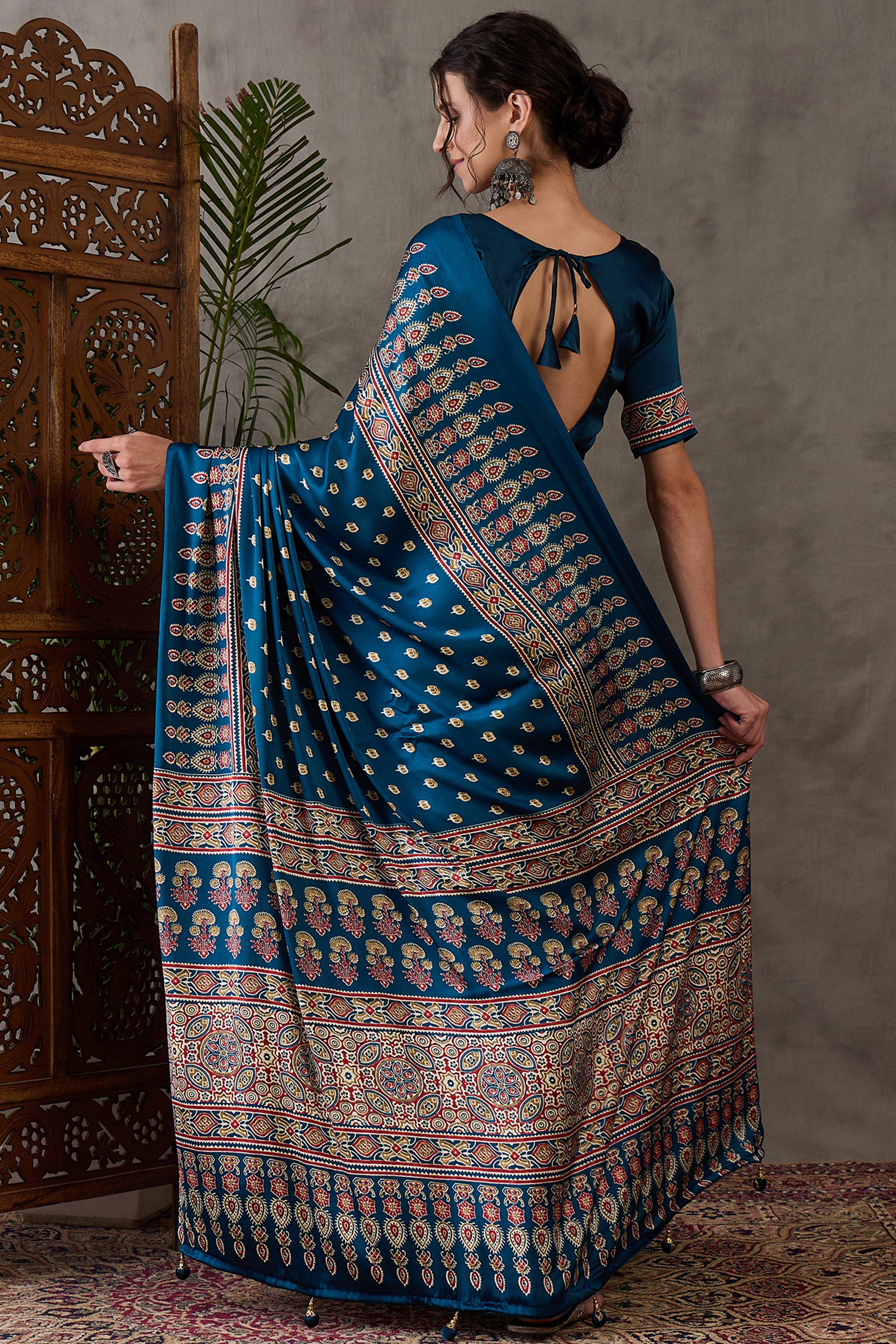 Blue Ajrakh Inspired Printed Modal Satin Saree for Party Occasions - Image 5