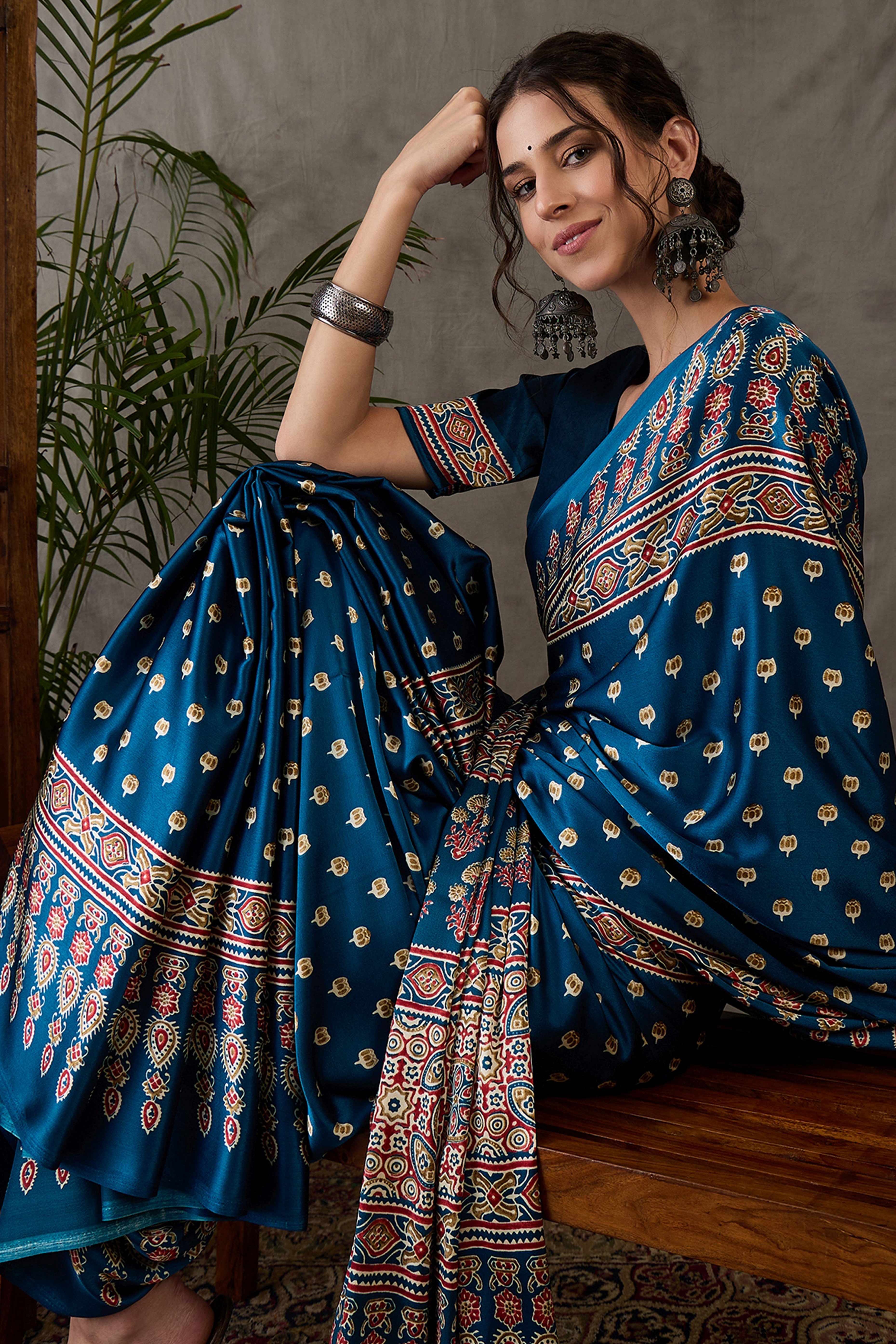 Blue Ajrakh Inspired Printed Modal Satin Saree for Party Occasions - Image 6