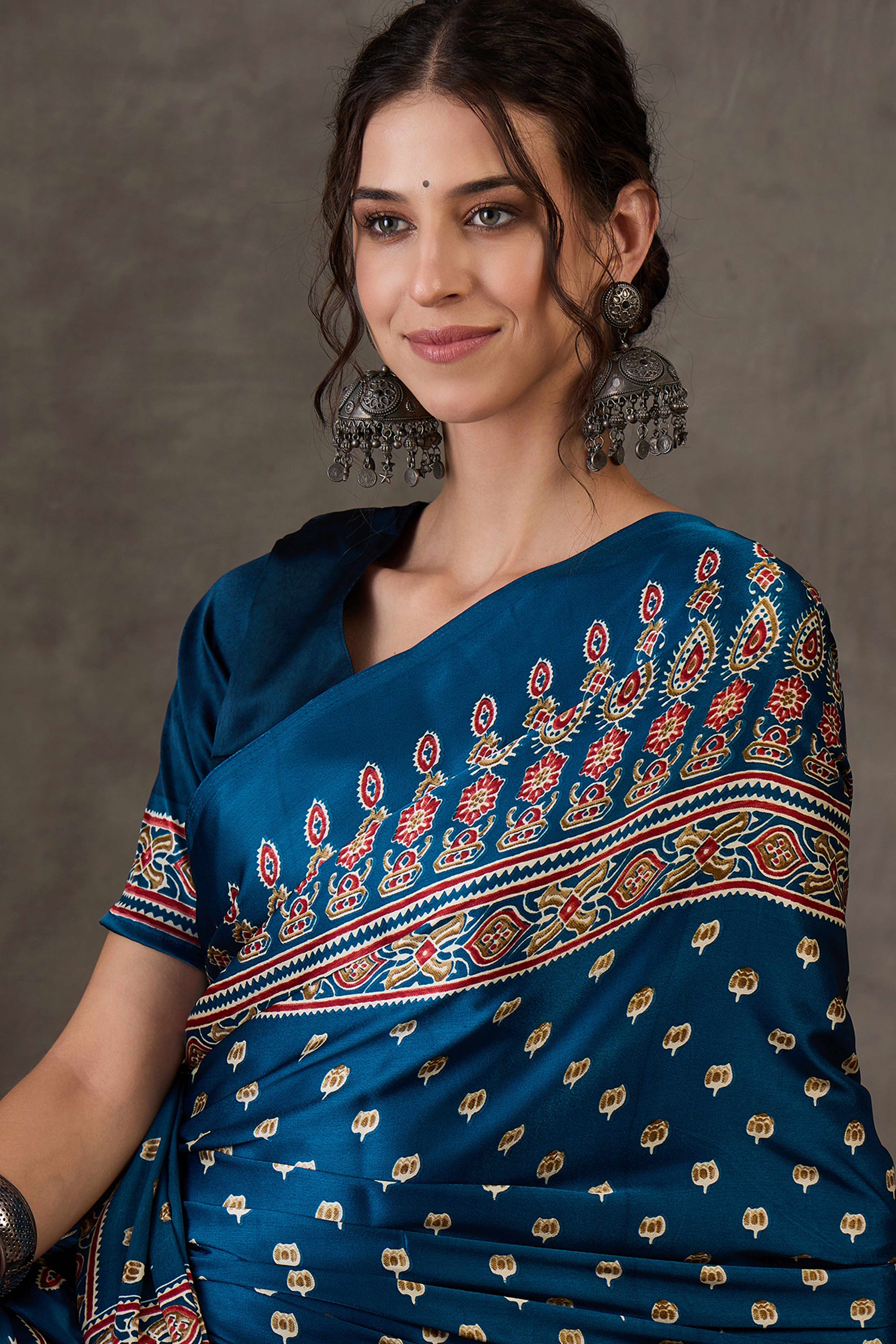 Blue Ajrakh Inspired Printed Modal Satin Saree for Party Occasions - Image 7