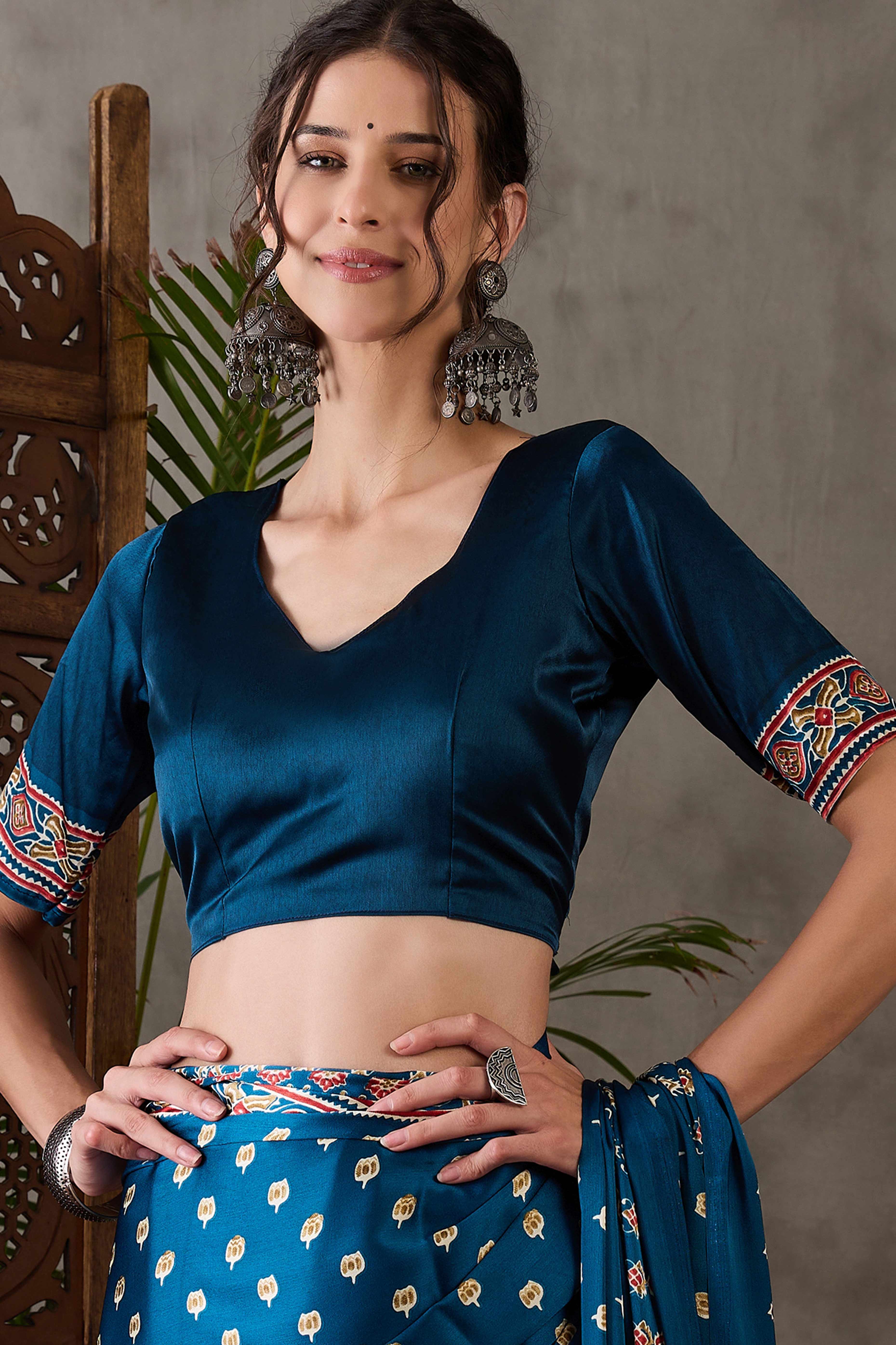 Blue Ajrakh Inspired Printed Modal Satin Saree for Party Occasions - Image 8