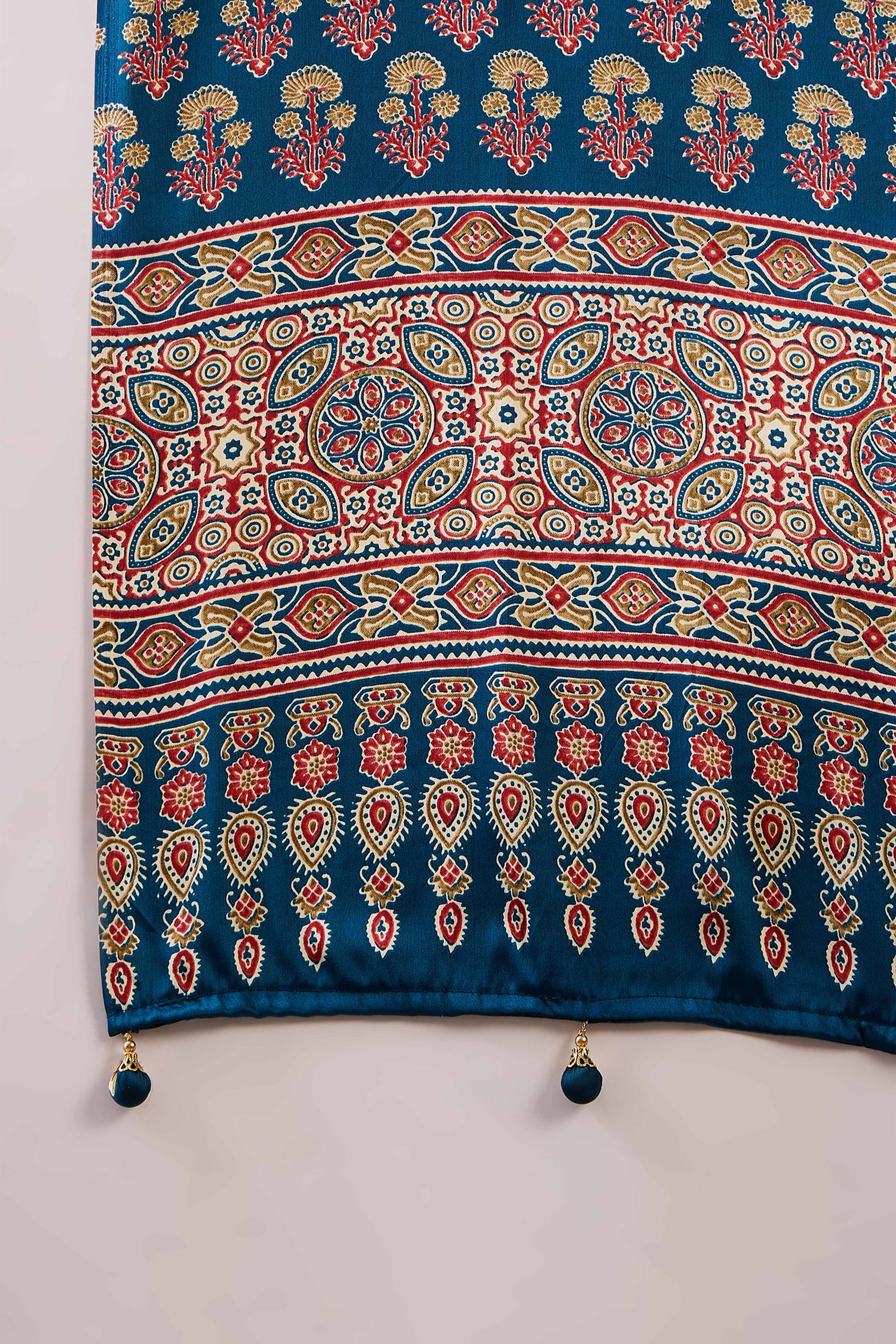 Blue Ajrakh Inspired Printed Modal Satin Saree for Party Occasions - Image 9