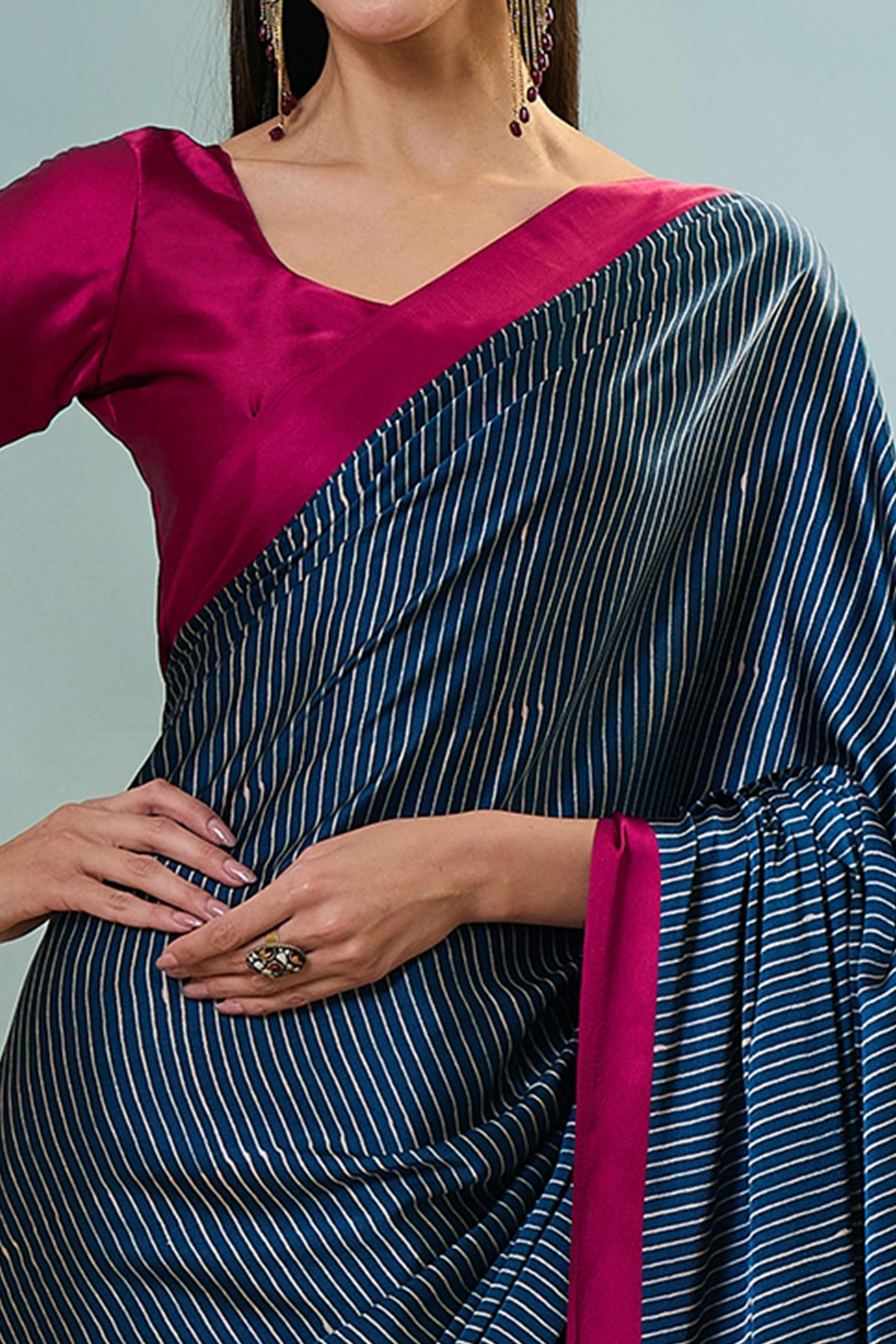 Blue Ajrakh Print Satin Saree With Traditional Charm - Image 2