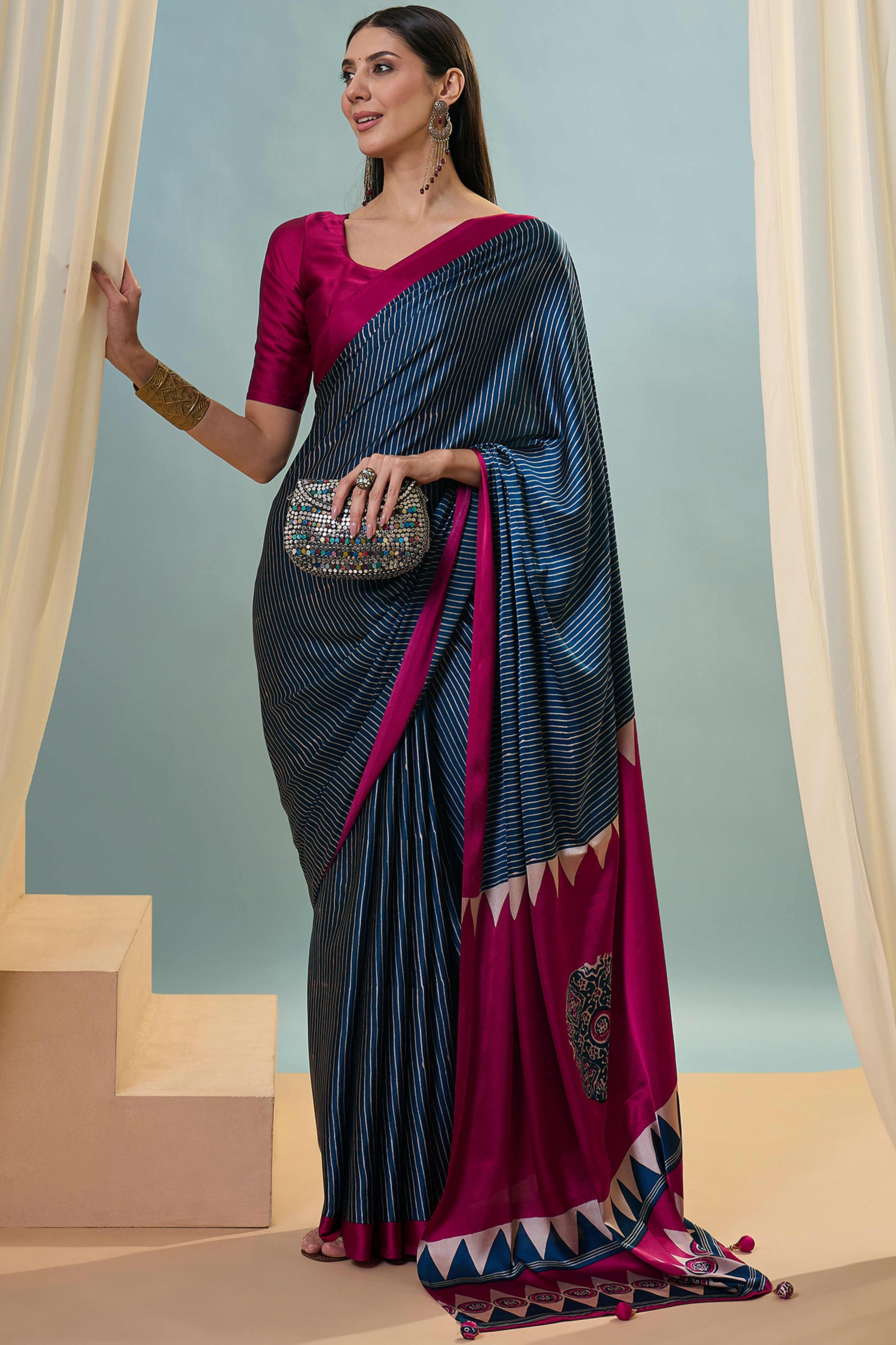 Blue Ajrakh Print Satin Saree With Traditional Charm - Image 3